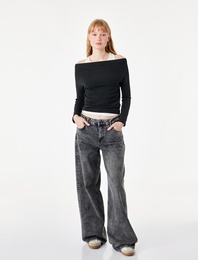 Slim Fit Asimetrik Yaka Katmanlı Uzun Kollu Tişört