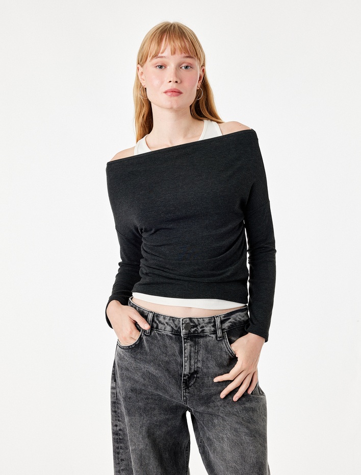  Slim Fit Asimetrik Yaka Katmanlı Uzun Kollu Tişört