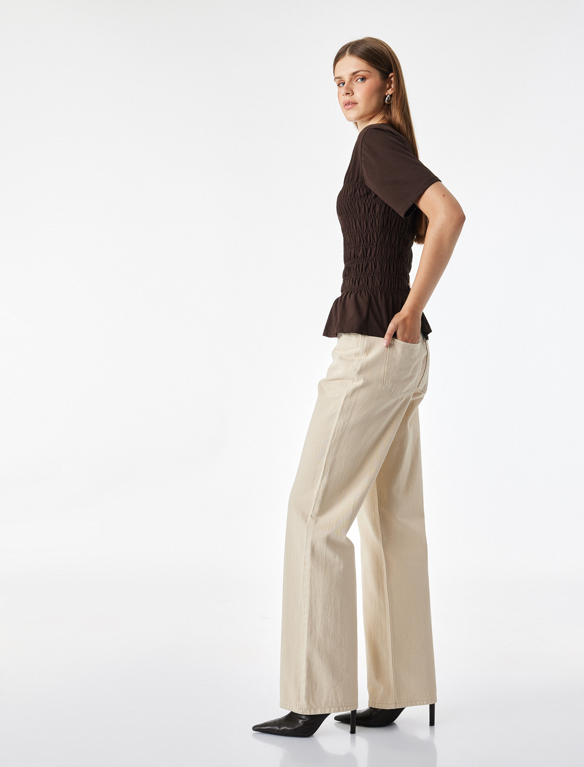   Pamuklu Slim Fit Bisiklet Yaka Kısa Kollu Bel Vurgulu Büzgülü Tişört