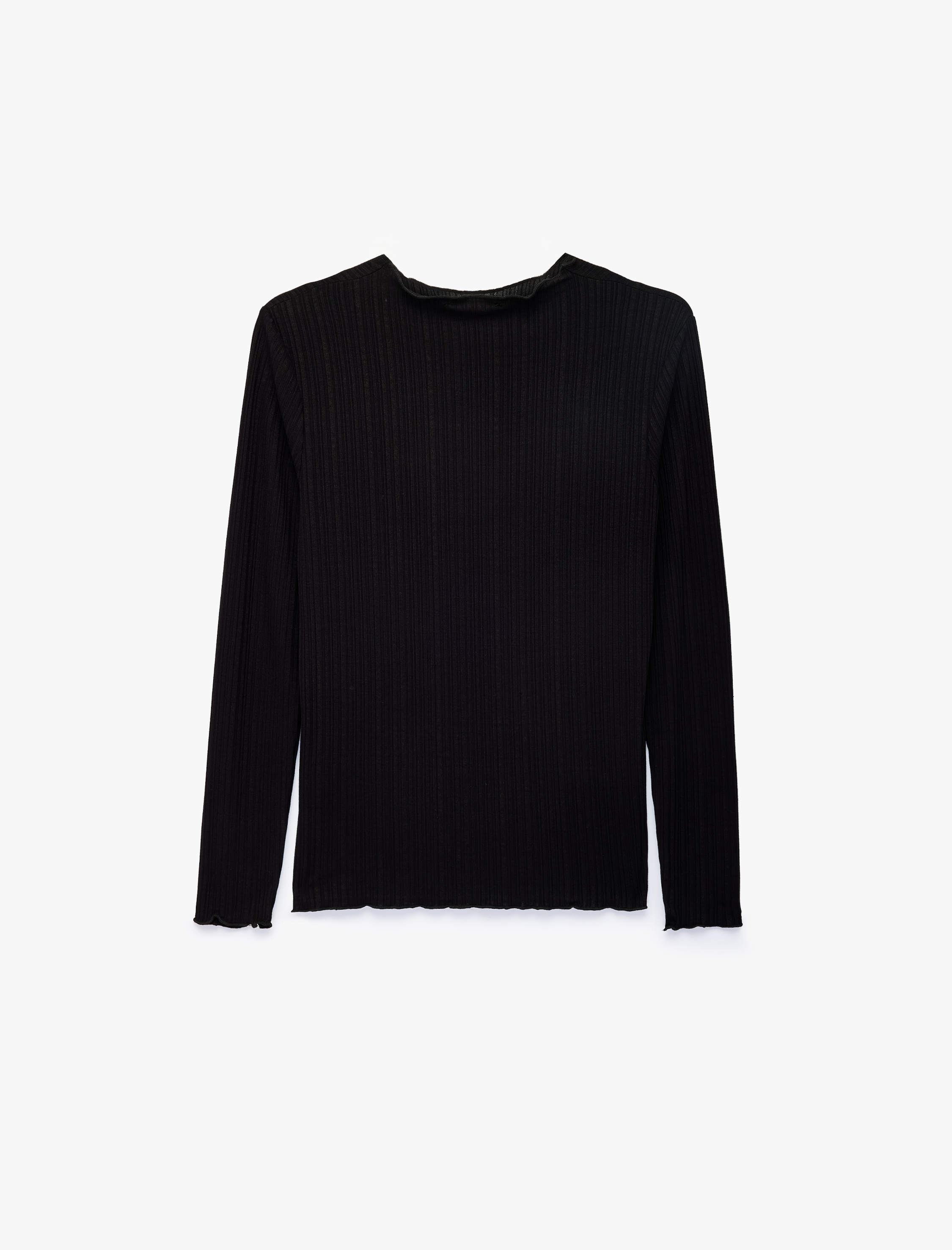   Kaşkorse Viskon Kumaş Slim Fit Uzun Kollu Fırfırlı Bisiklet Yaka Tişört
