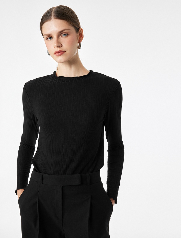 Kaşkorse Viskon Kumaş Slim Fit Uzun Kollu Fırfırlı Bisiklet Yaka Tişört