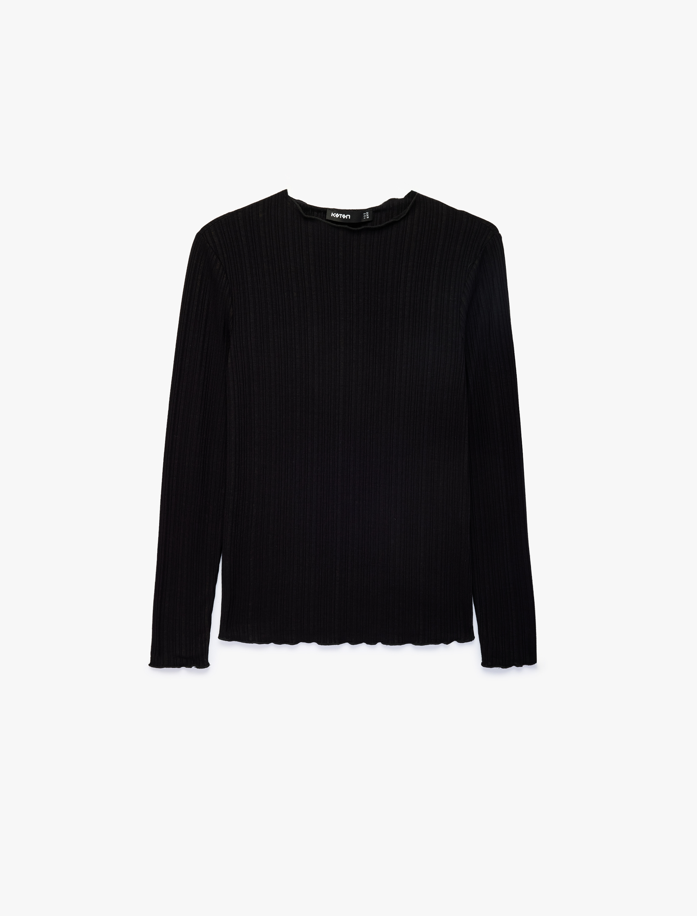   Kaşkorse Viskon Kumaş Slim Fit Uzun Kollu Fırfırlı Bisiklet Yaka Tişört