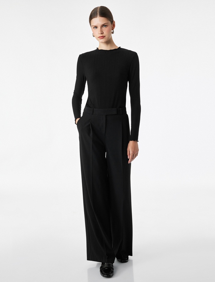  Kaşkorse Viskon Kumaş Slim Fit Uzun Kollu Fırfırlı Bisiklet Yaka Tişört