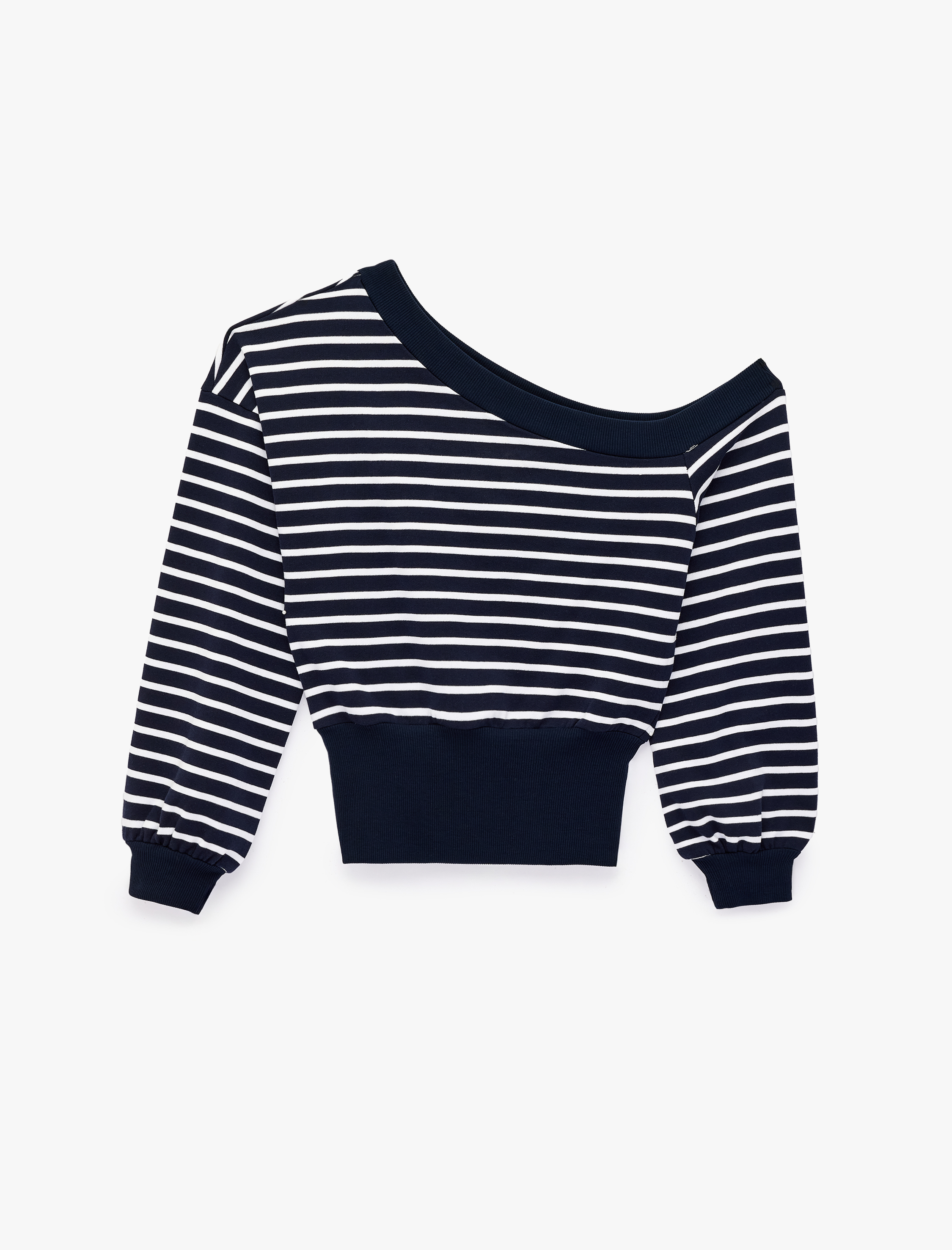   Rahat Kalıp Kayık Yaka Uzun Kollu Çizgili Crop Sweatshirt