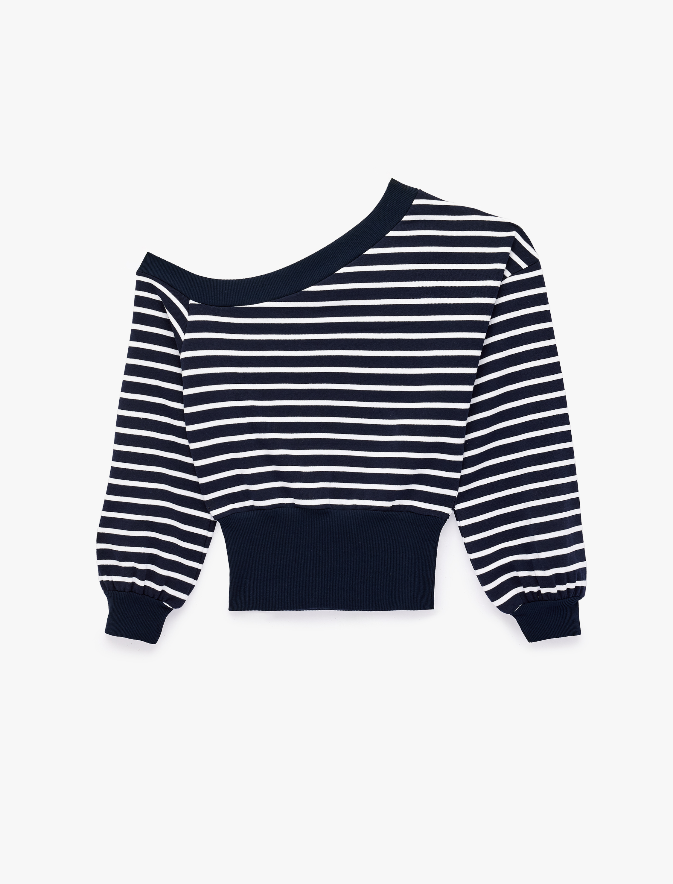   Rahat Kalıp Kayık Yaka Uzun Kollu Çizgili Crop Sweatshirt