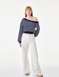 Rahat Kalıp Kayık Yaka Uzun Kollu Çizgili Crop Sweatshirt