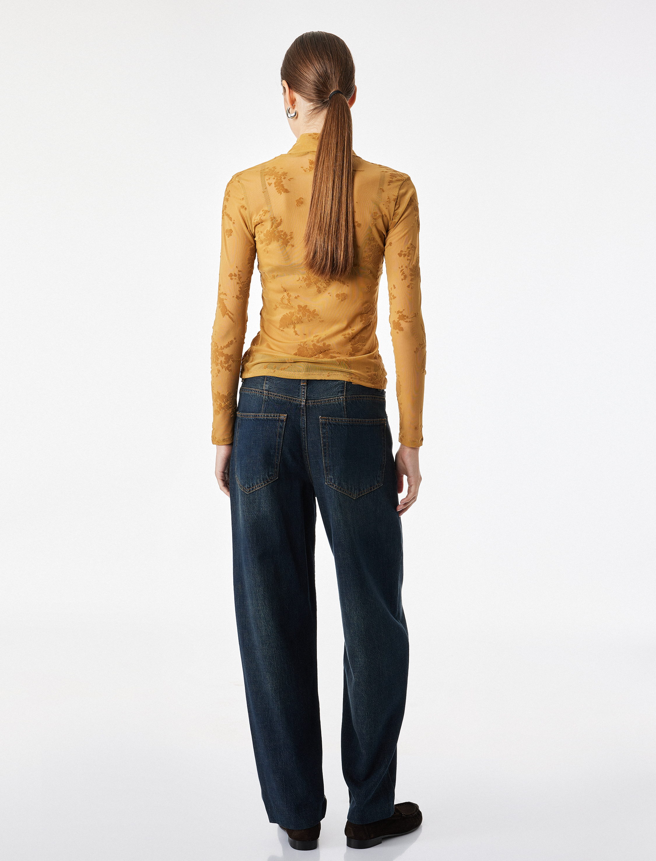   Slim Fit Dik Yaka Uzun Kollu Çiçekli Tül Bluz