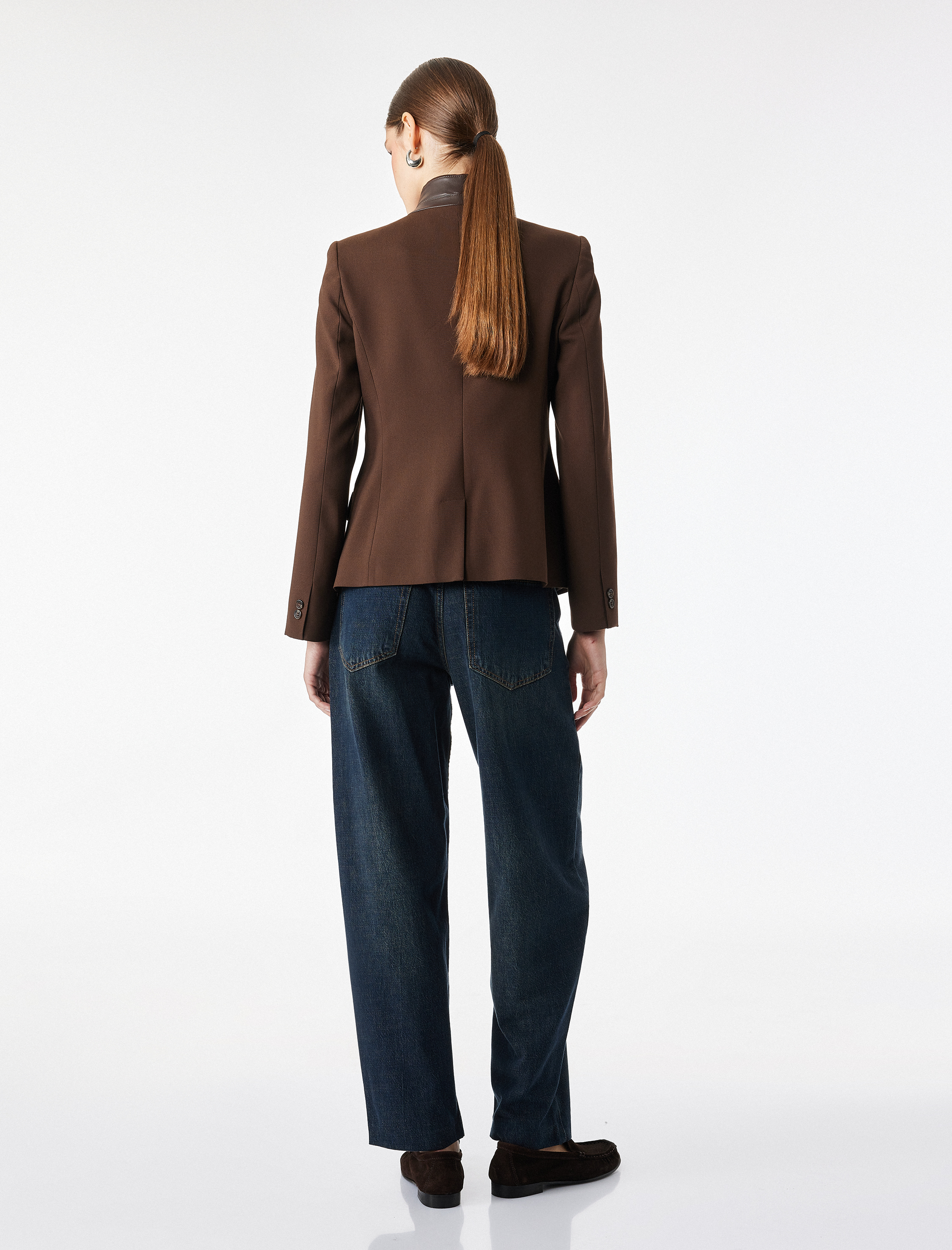   Viskon Karışımlı Uzun Kollu Suni Deri Yaka Detaylı Slim Fit Ceket