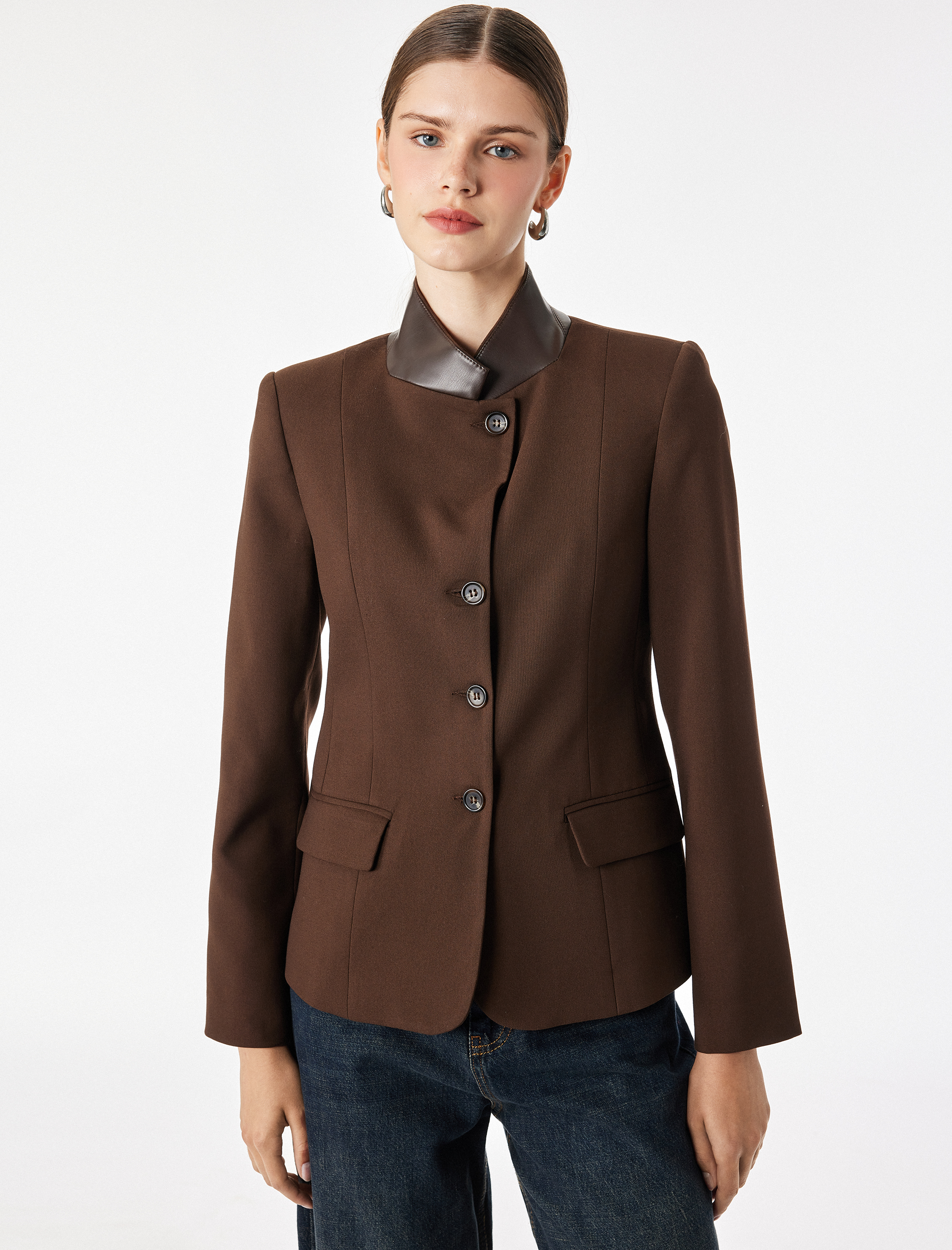   Viskon Karışımlı Uzun Kollu Suni Deri Yaka Detaylı Slim Fit Ceket