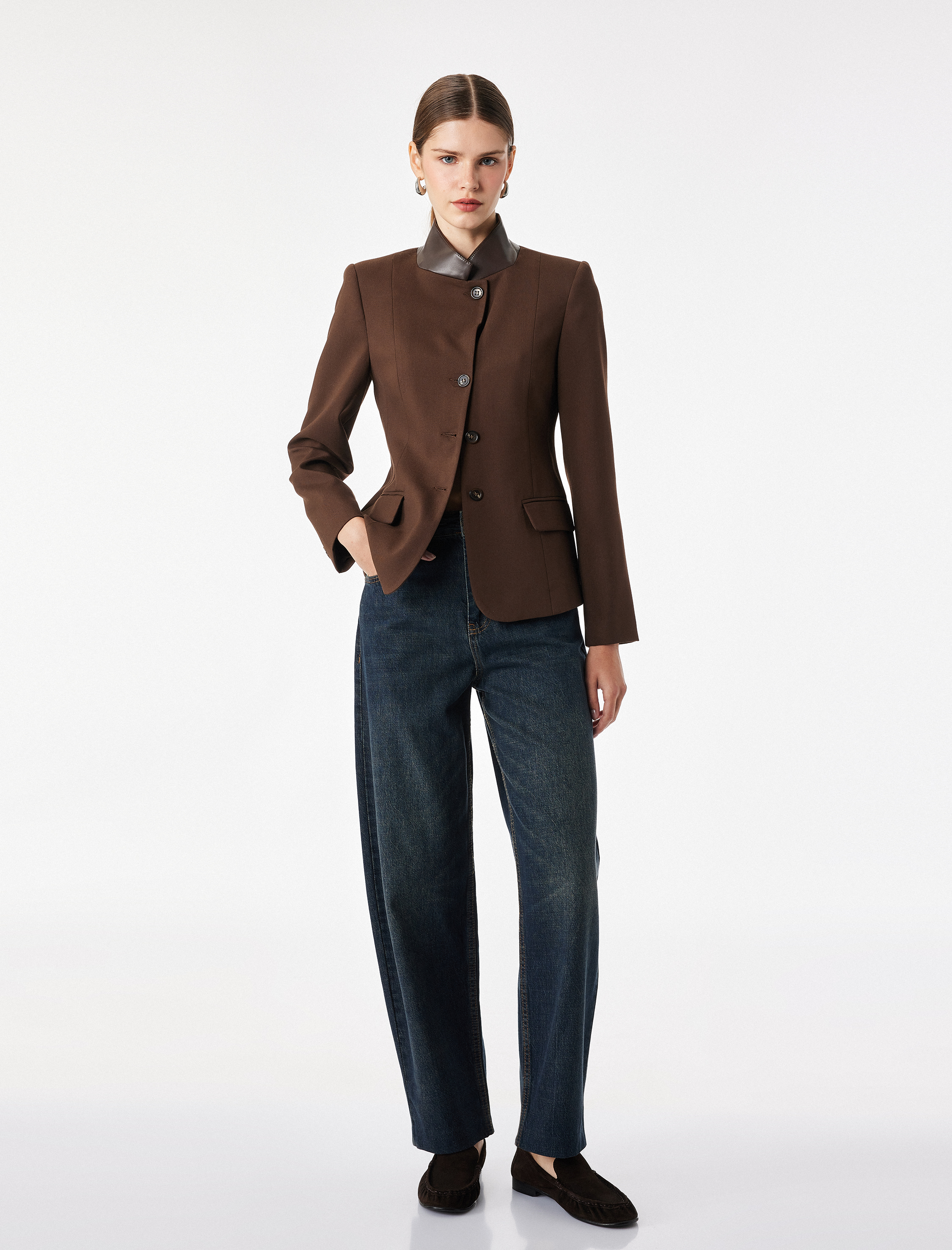   Viskon Karışımlı Uzun Kollu Suni Deri Yaka Detaylı Slim Fit Ceket