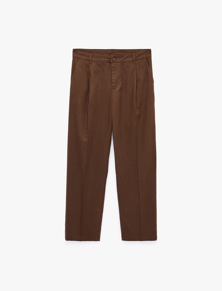  Regular Fit Cepli Pamuk Keten Karışımlı Pileli Pantolon