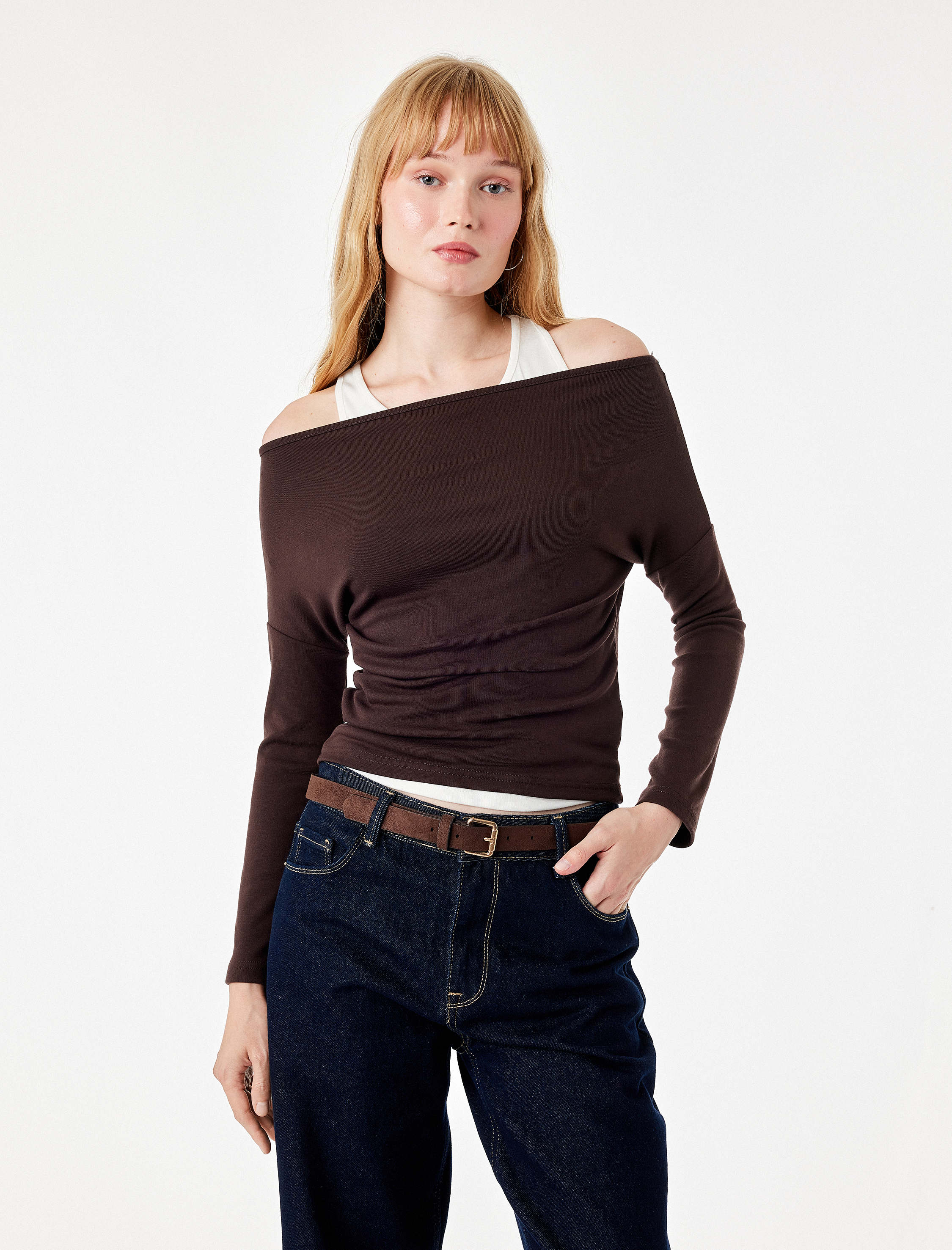   Slim Fit Asimetrik Yaka Katmanlı Uzun Kollu Tişört