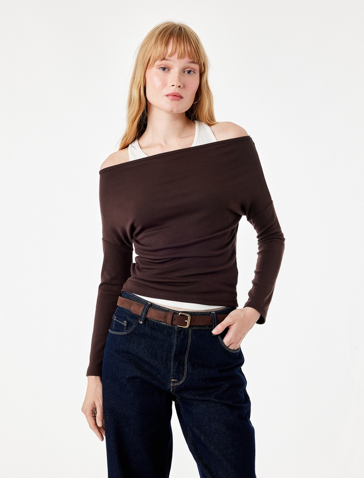  Slim Fit Asimetrik Yaka Katmanlı Uzun Kollu Tişört