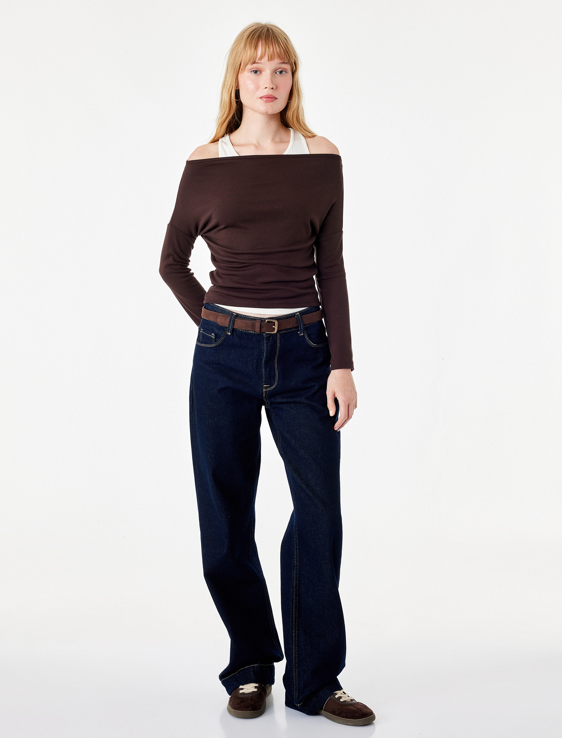   Slim Fit Asimetrik Yaka Katmanlı Uzun Kollu Tişört