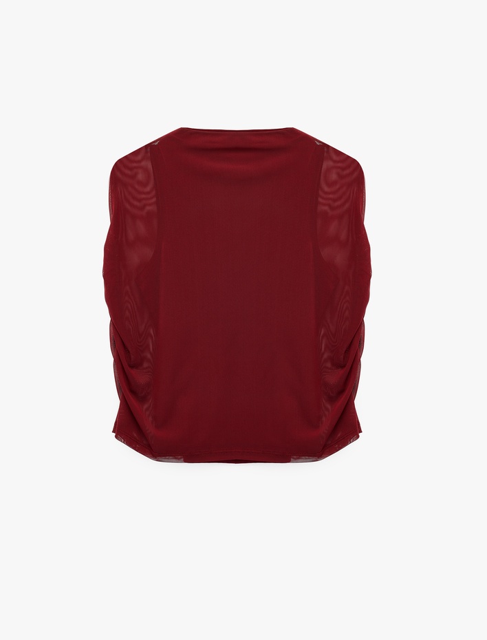  Slim Fit Dik Yaka Kolsuz Tül Detaylı Bluz