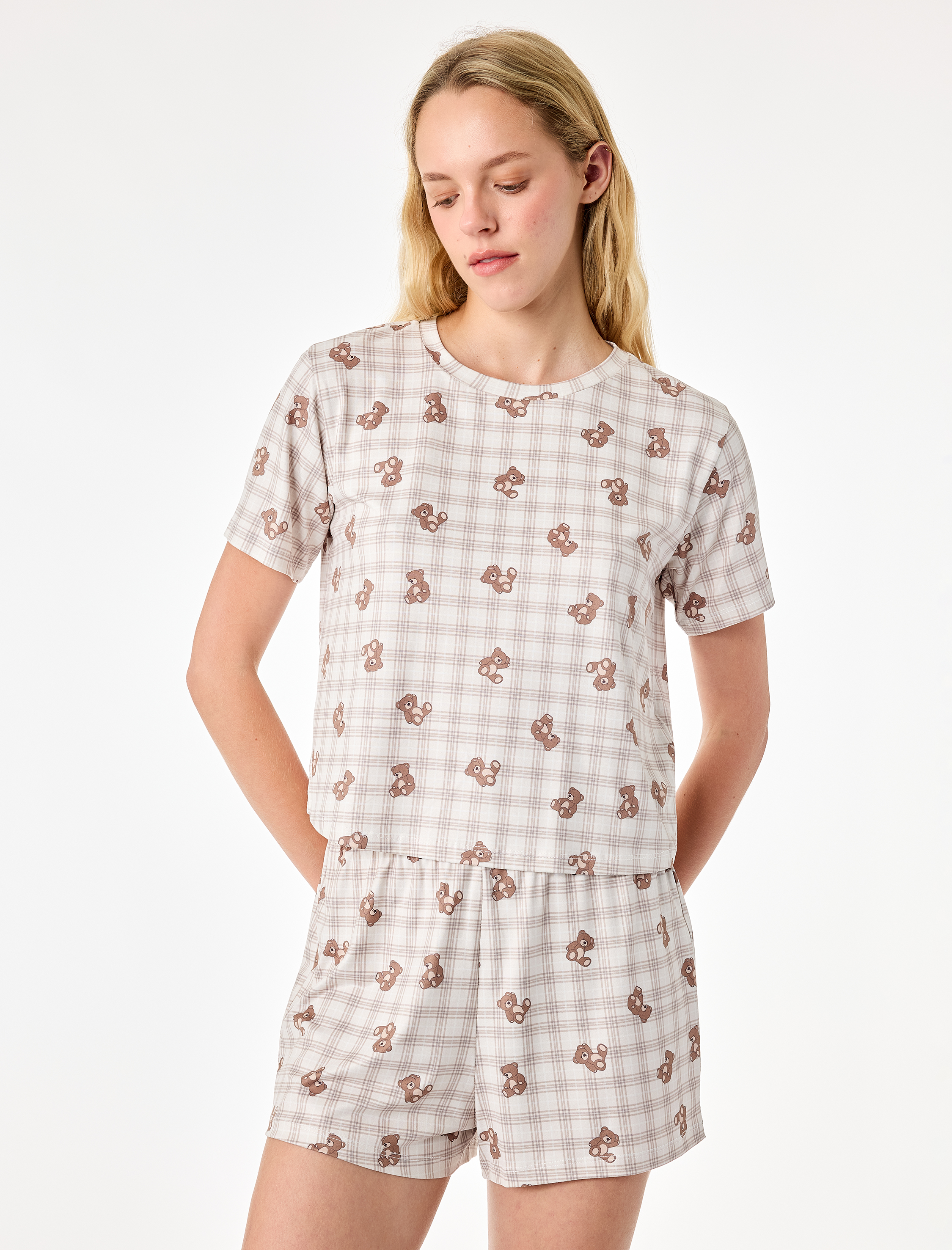   Rahat Kalıp Ayıcık Baskılı Kısa Kollu Şortlu Pijama Takımı