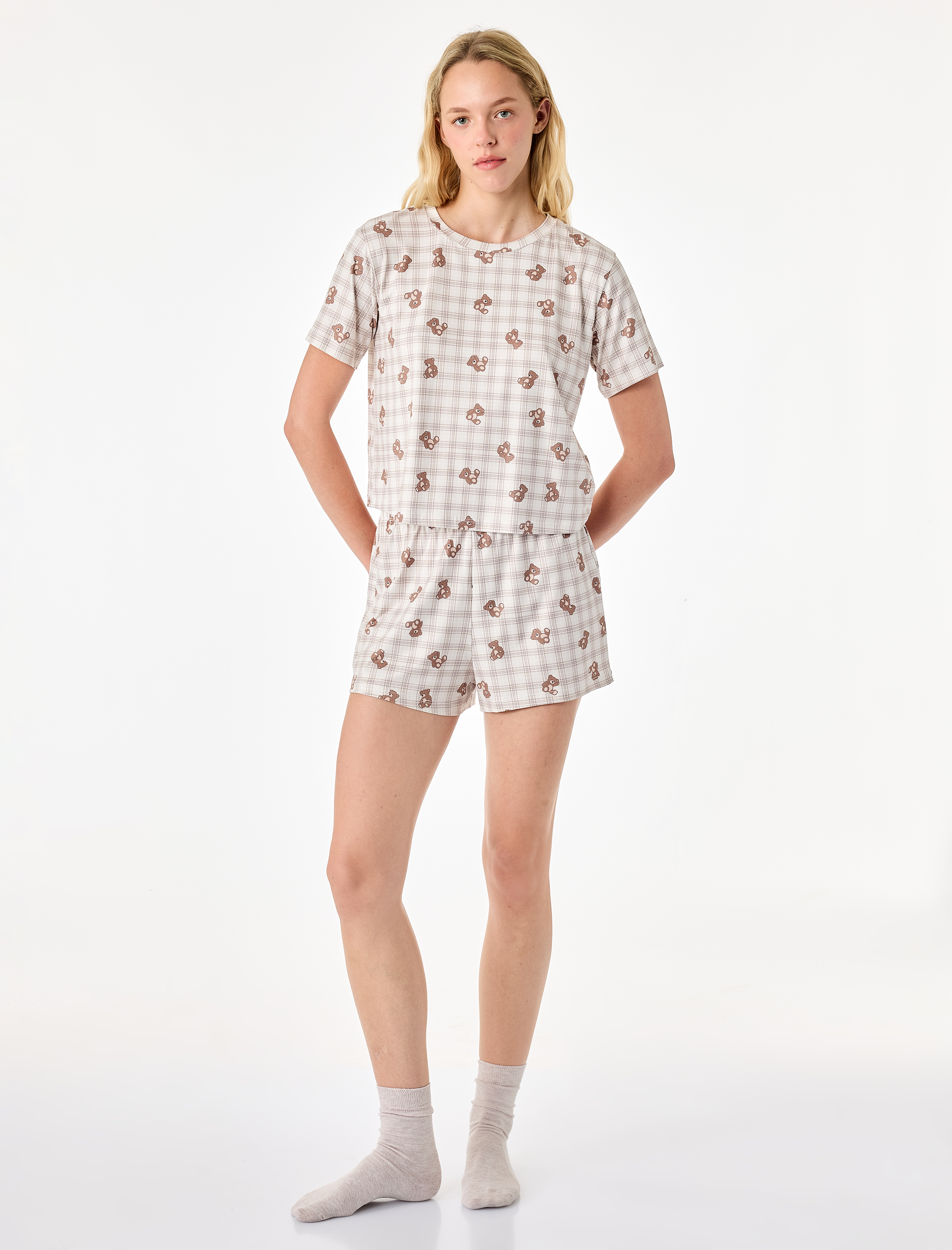   Rahat Kalıp Ayıcık Baskılı Kısa Kollu Şortlu Pijama Takımı