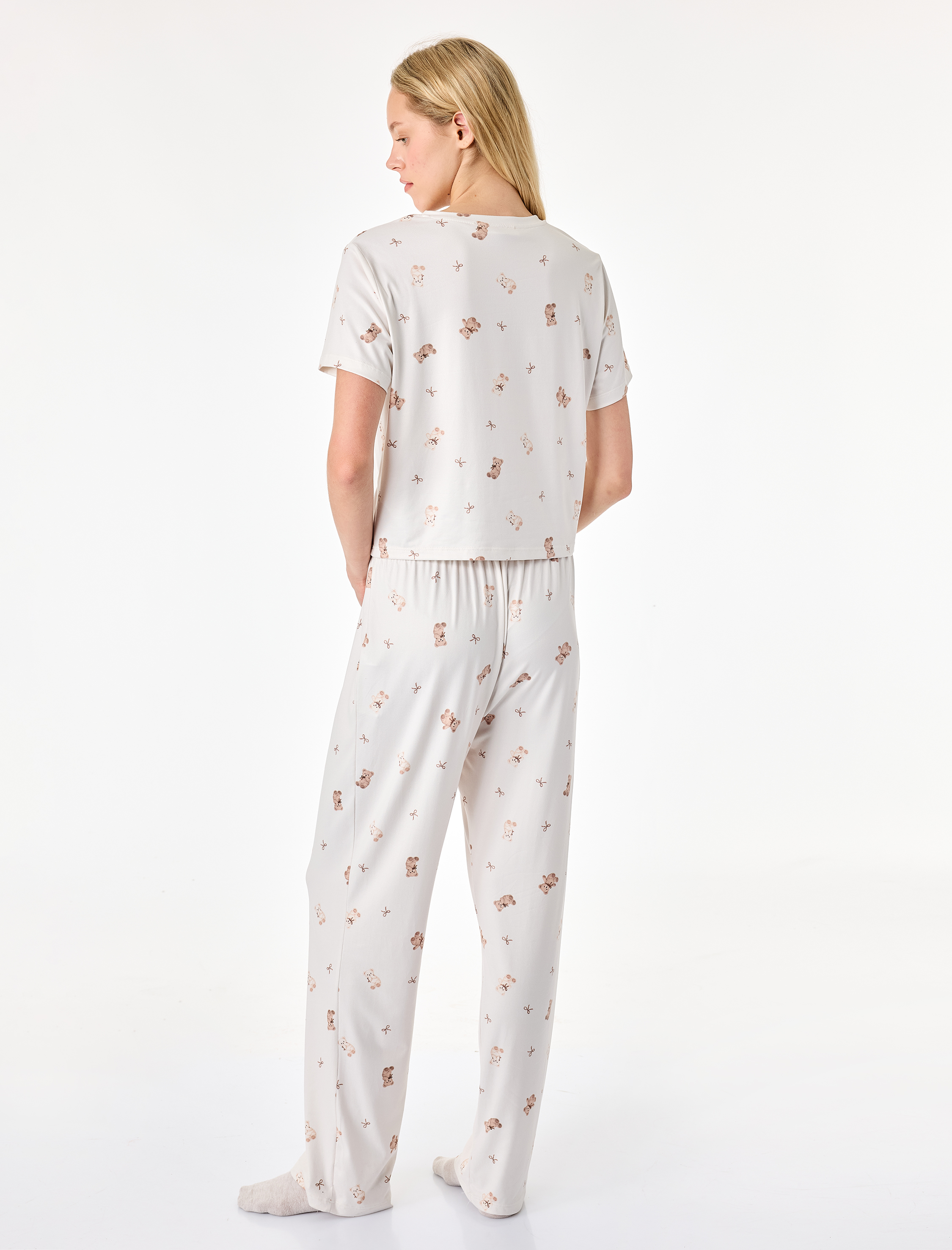   Rahat Kalıp Bisiklet Yaka Kısa Kollu Baskılı Pijama Takımı