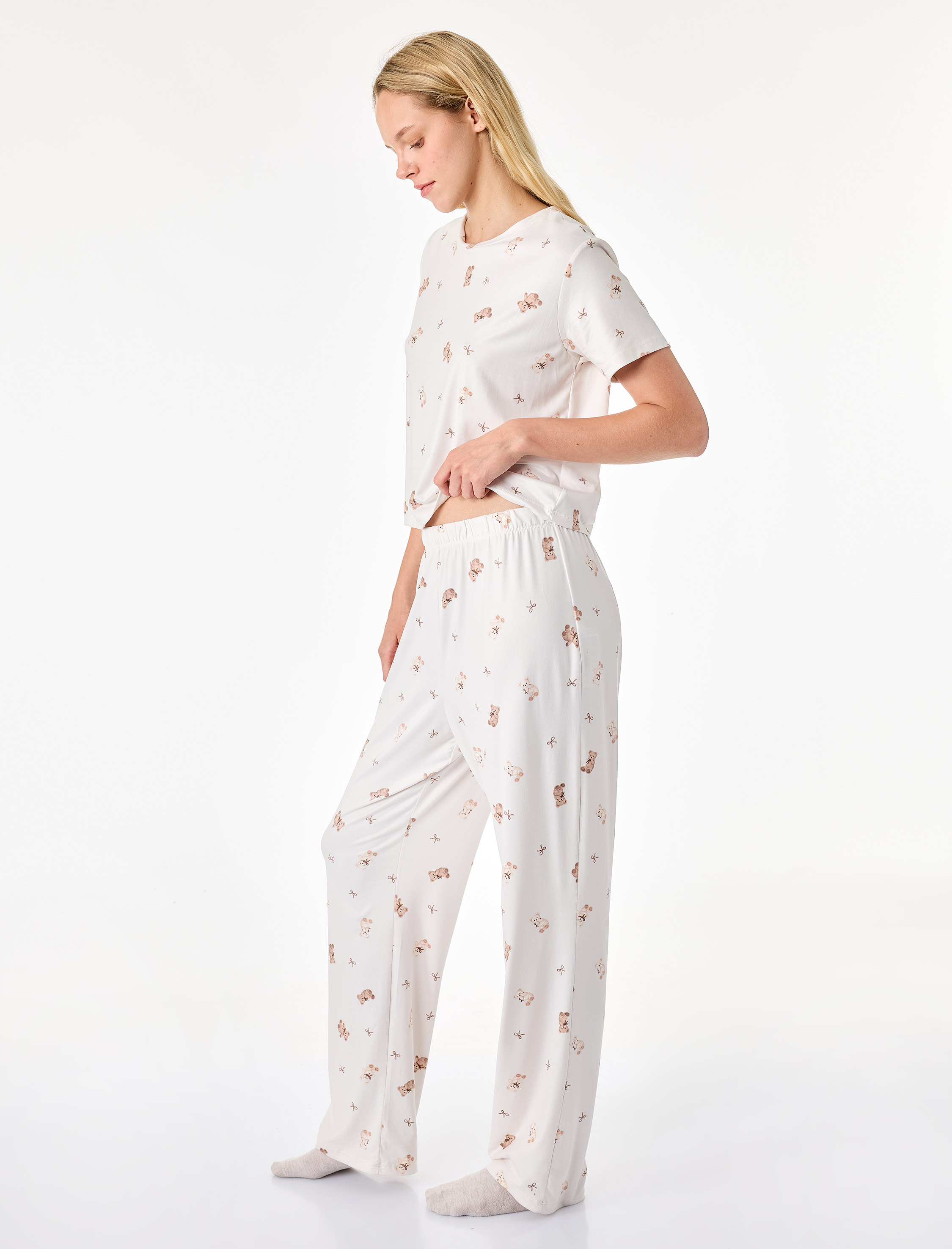   Rahat Kalıp Bisiklet Yaka Kısa Kollu Baskılı Pijama Takımı