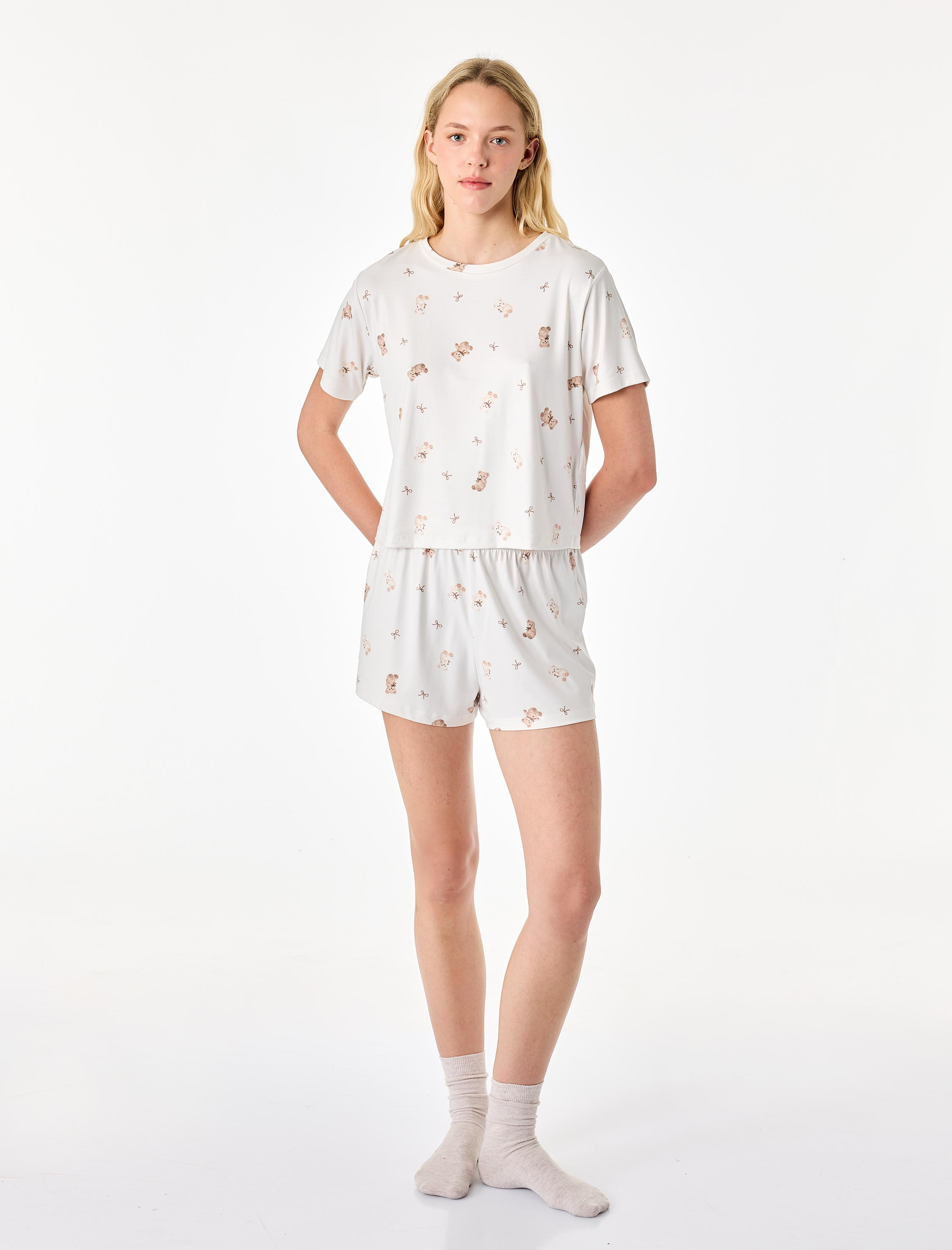   Ayıcık Baskılı Rahat Kesim Bisiklet Yaka Kısa Kollu Pijama Takımı