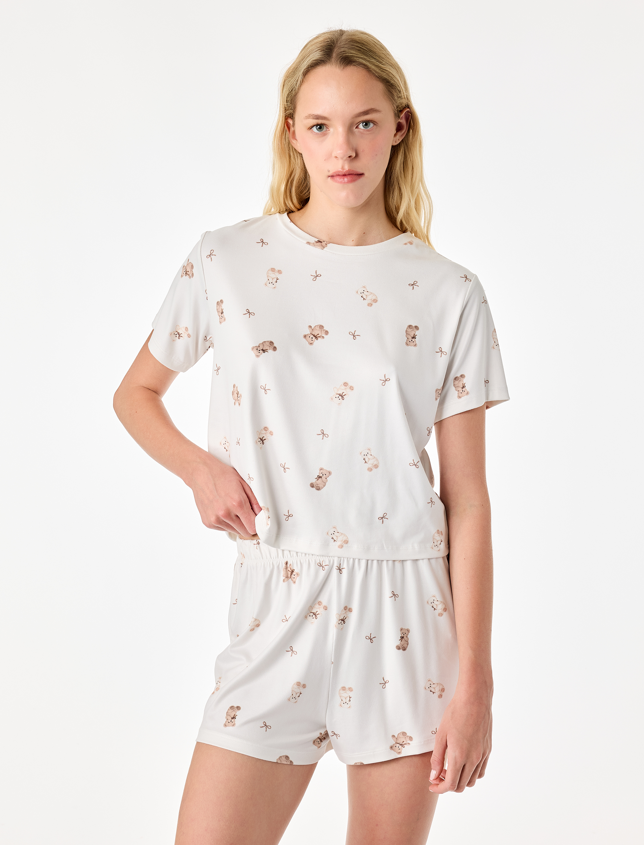   Ayıcık Baskılı Rahat Kesim Bisiklet Yaka Kısa Kollu Pijama Takımı