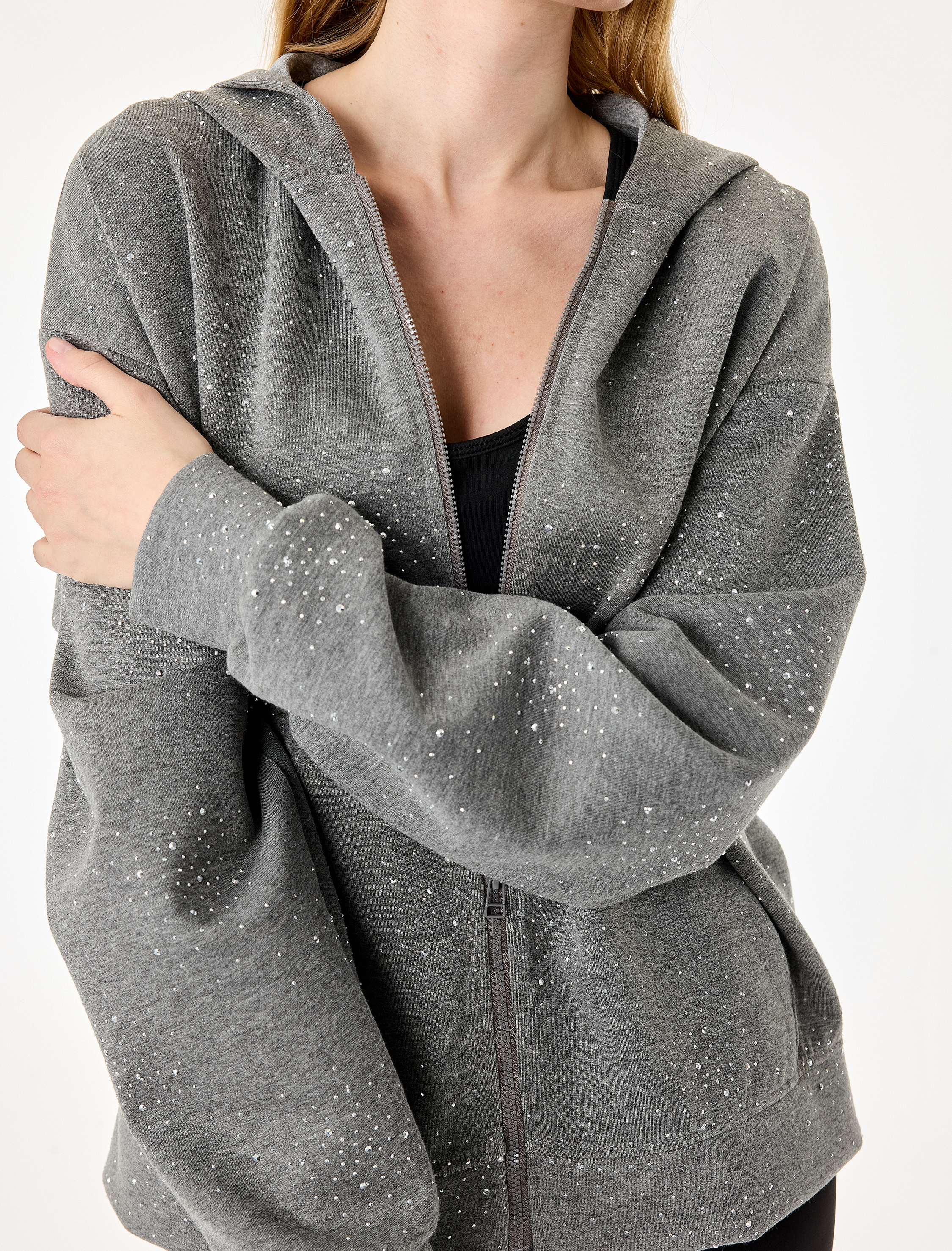  Sim Detaylı Kapüşonlu Fermuarlı Cep Detaylı Oversize Sweatshirt