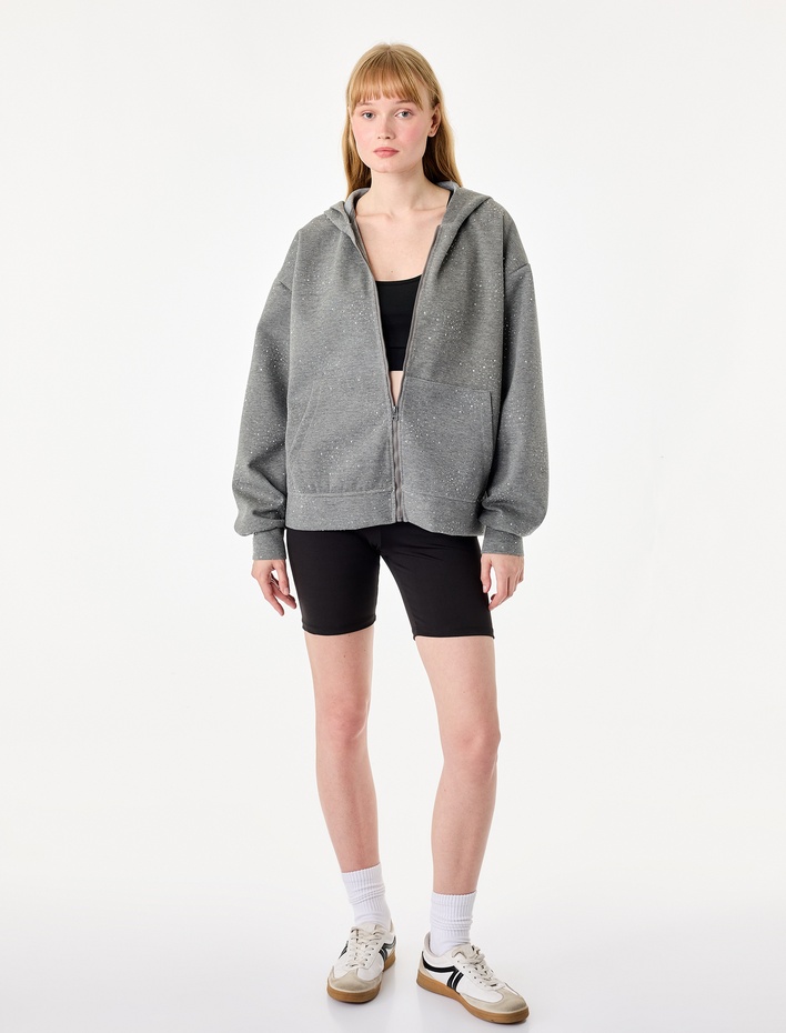  Sim Detaylı Kapüşonlu Fermuarlı Cep Detaylı Oversize Sweatshirt