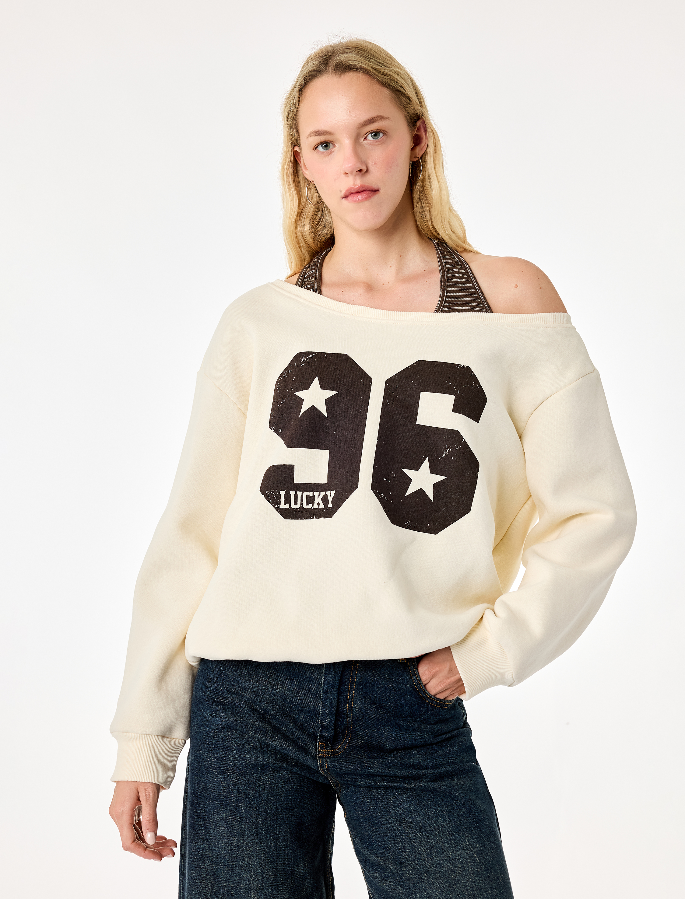   Halter Yaka Uzun Kollu Şardonlu Baskılı Sweatshirt