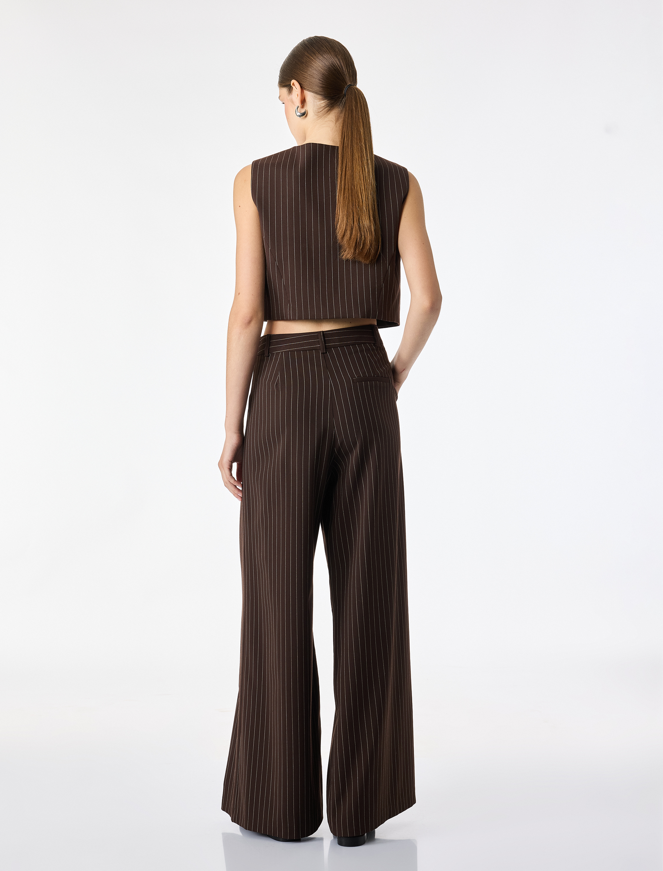   V Yaka Düğmeli Çizgili Crop Blazer Yelek