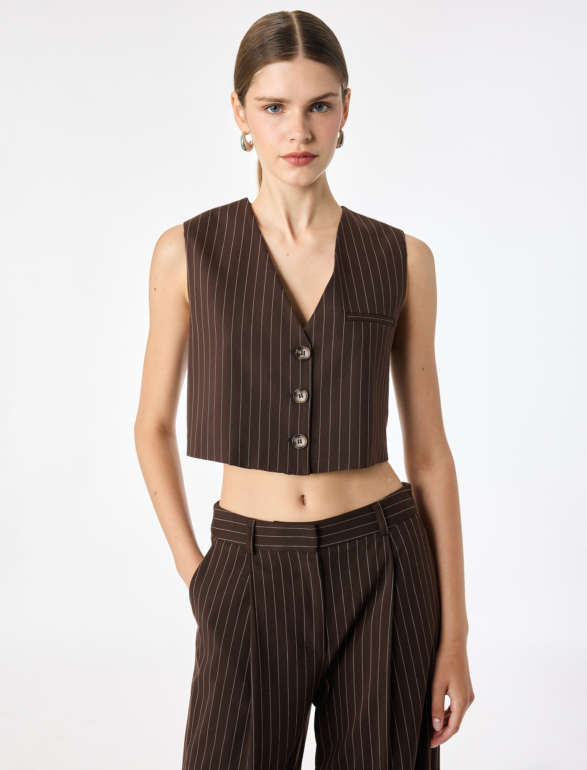   V Yaka Düğmeli Çizgili Crop Blazer Yelek