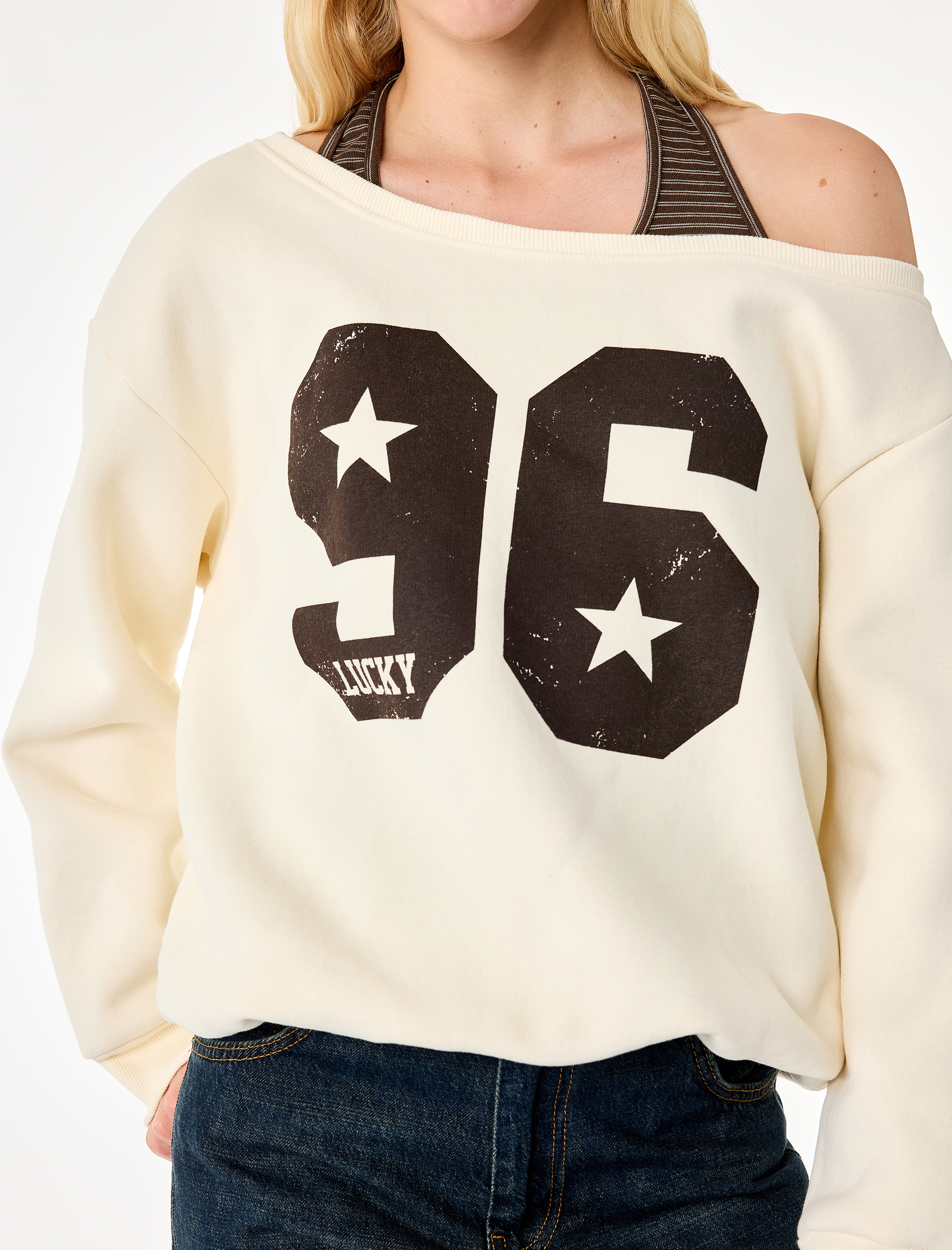   Halter Yaka Uzun Kollu Şardonlu Baskılı Sweatshirt