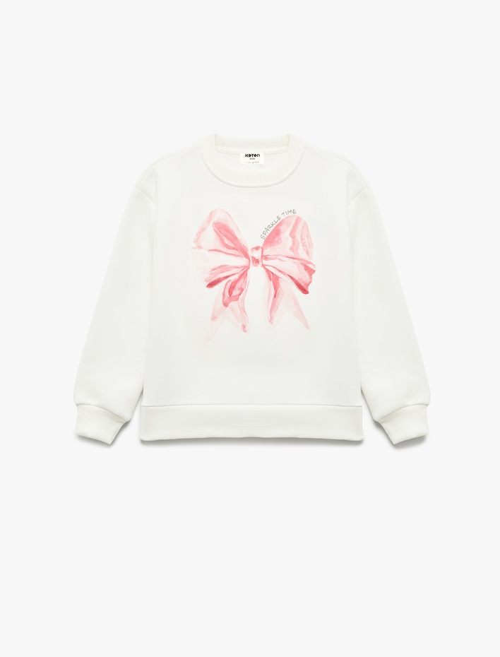 Kız Çocuk Uzun Kollu Bisiklet Yaka Şardonlu Fiyonk Baskılı Sweatshirt