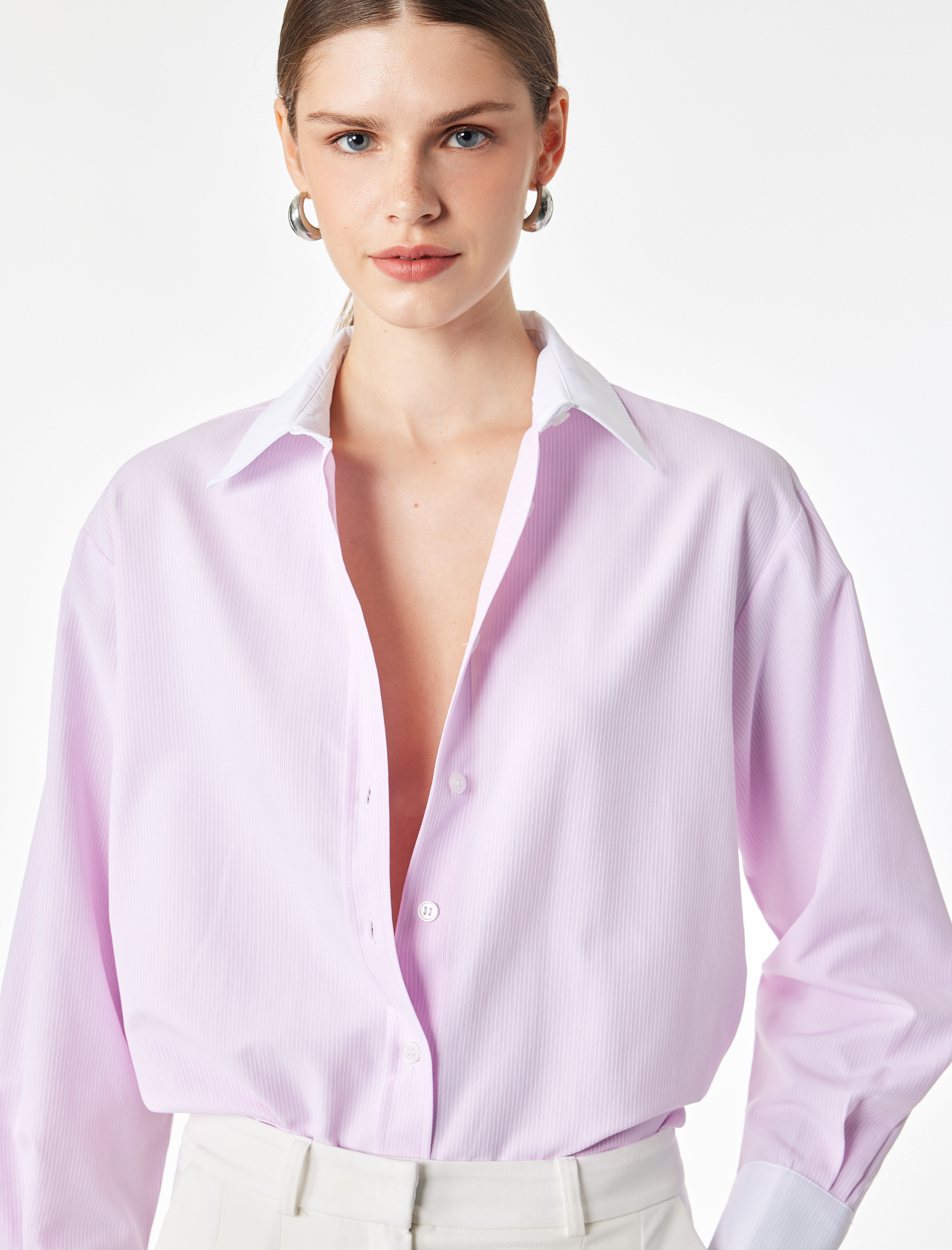   Düğmeli Slim Fit Klasik Yaka Renk Bloklu Uzun Kollu Gömlek
