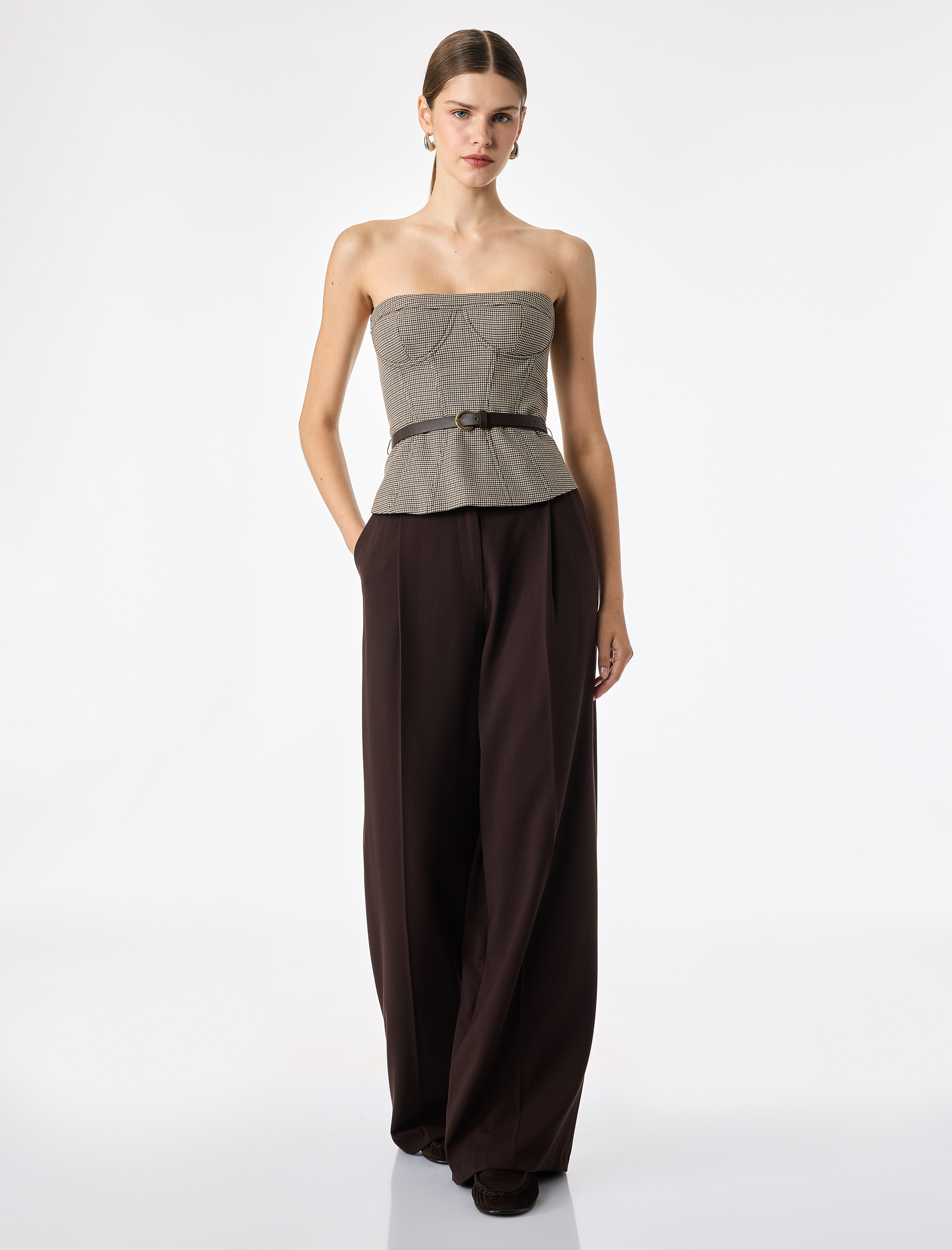   Slim Fit Kemer Detaylı Ekoseli Straplez Korse Bluz