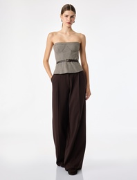 Slim Fit Kemer Detaylı Ekoseli Straplez Korse Bluz