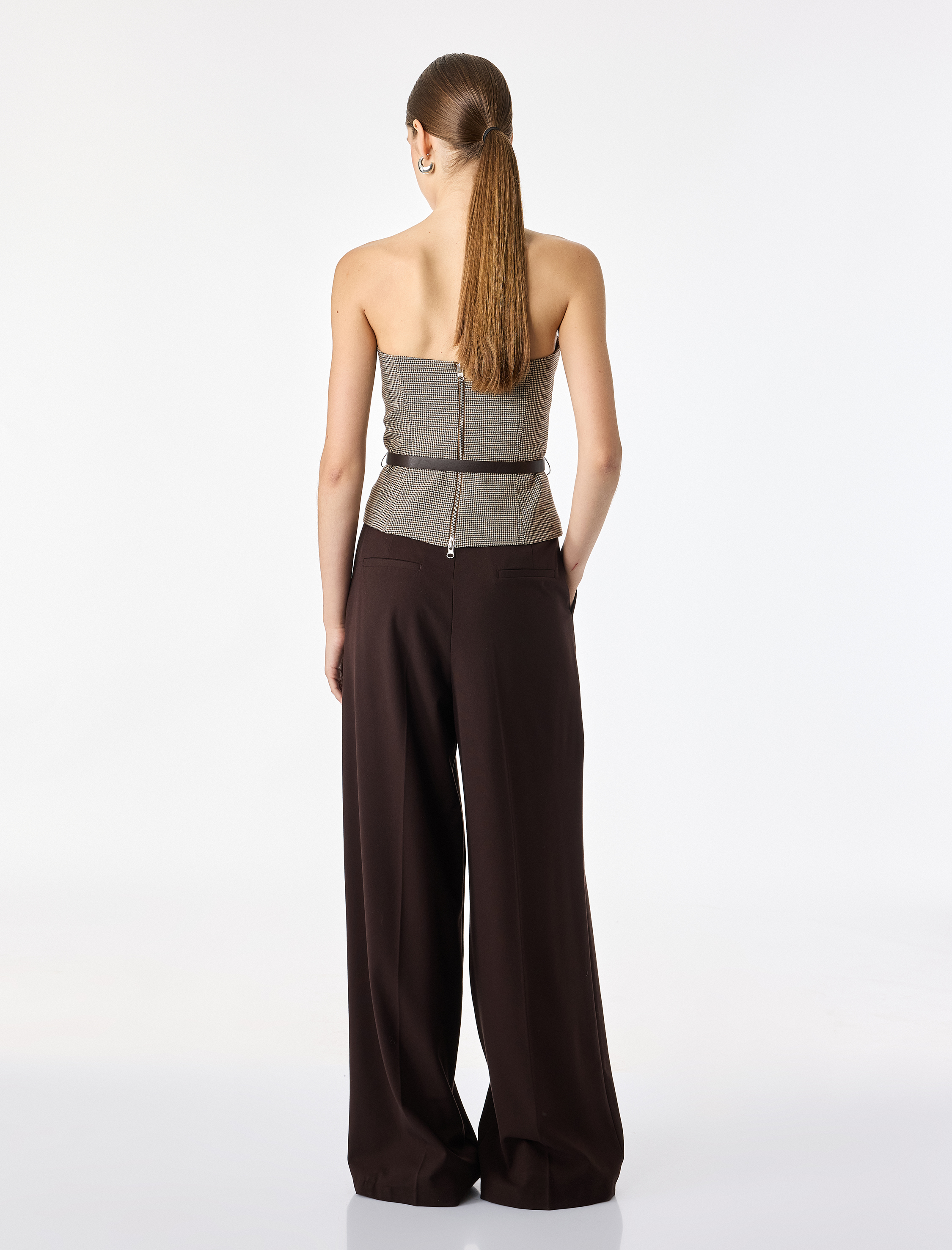   Slim Fit Kemer Detaylı Ekoseli Straplez Korse Bluz