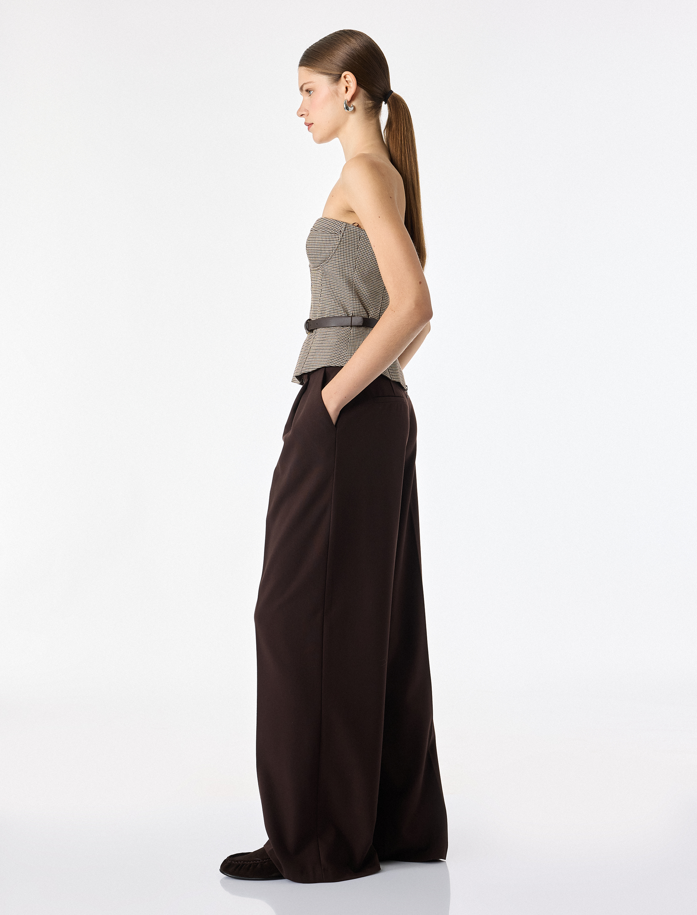   Slim Fit Kemer Detaylı Ekoseli Straplez Korse Bluz