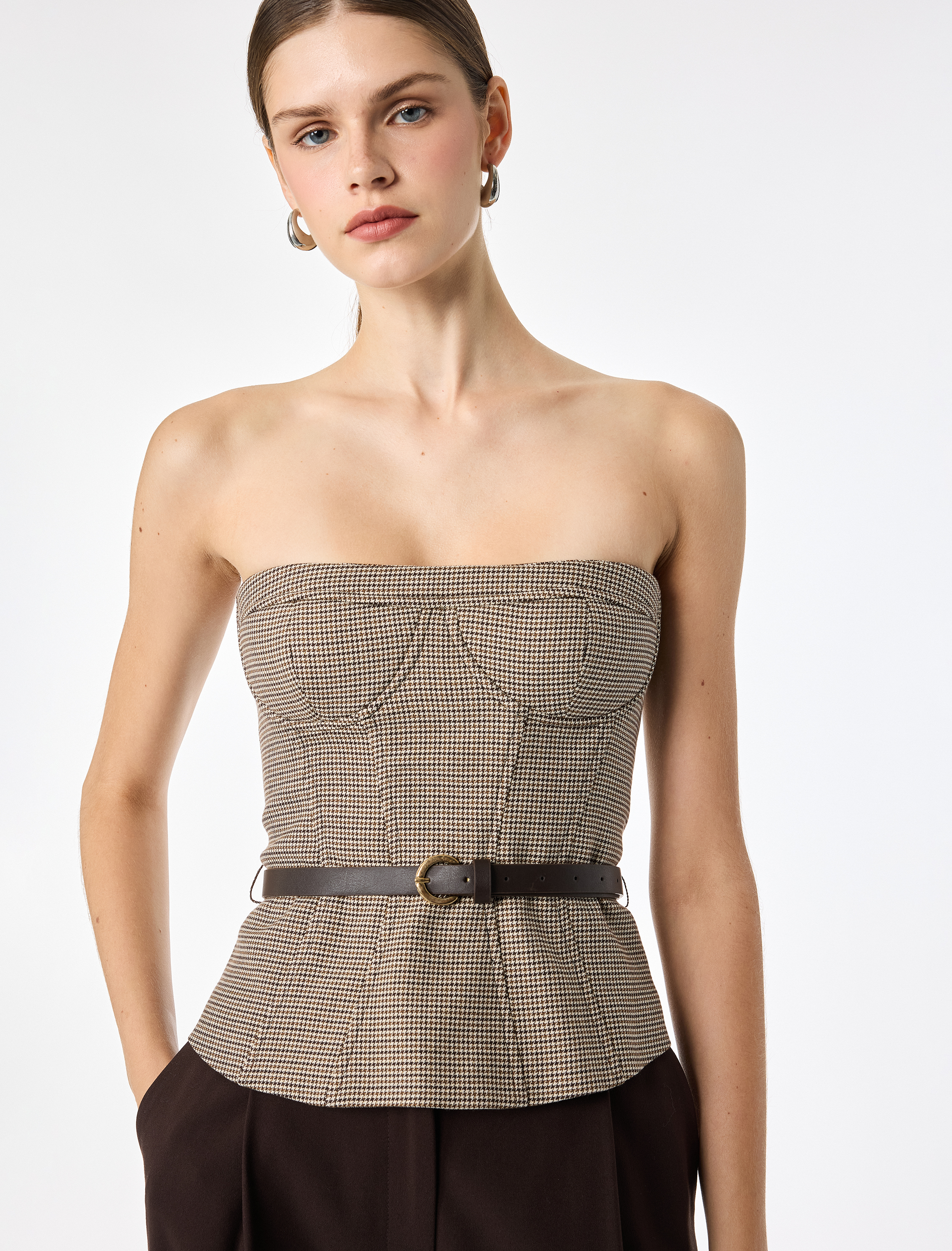   Slim Fit Kemer Detaylı Ekoseli Straplez Korse Bluz