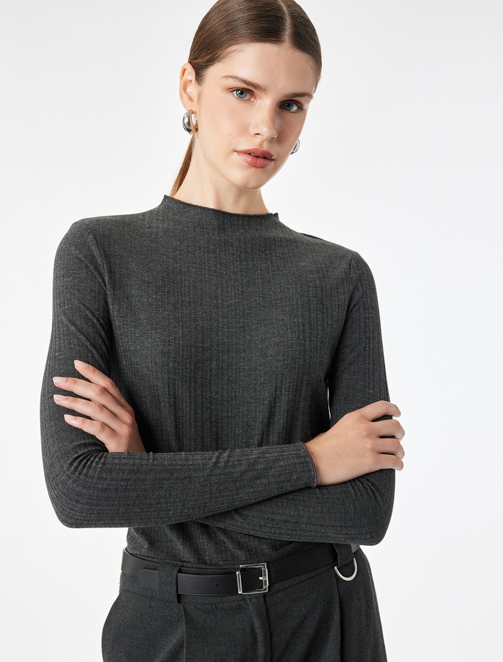  Kaşkorse Viskon Kumaş Slim Fit Uzun Kollu Fırfırlı Bisiklet Yaka Tişört