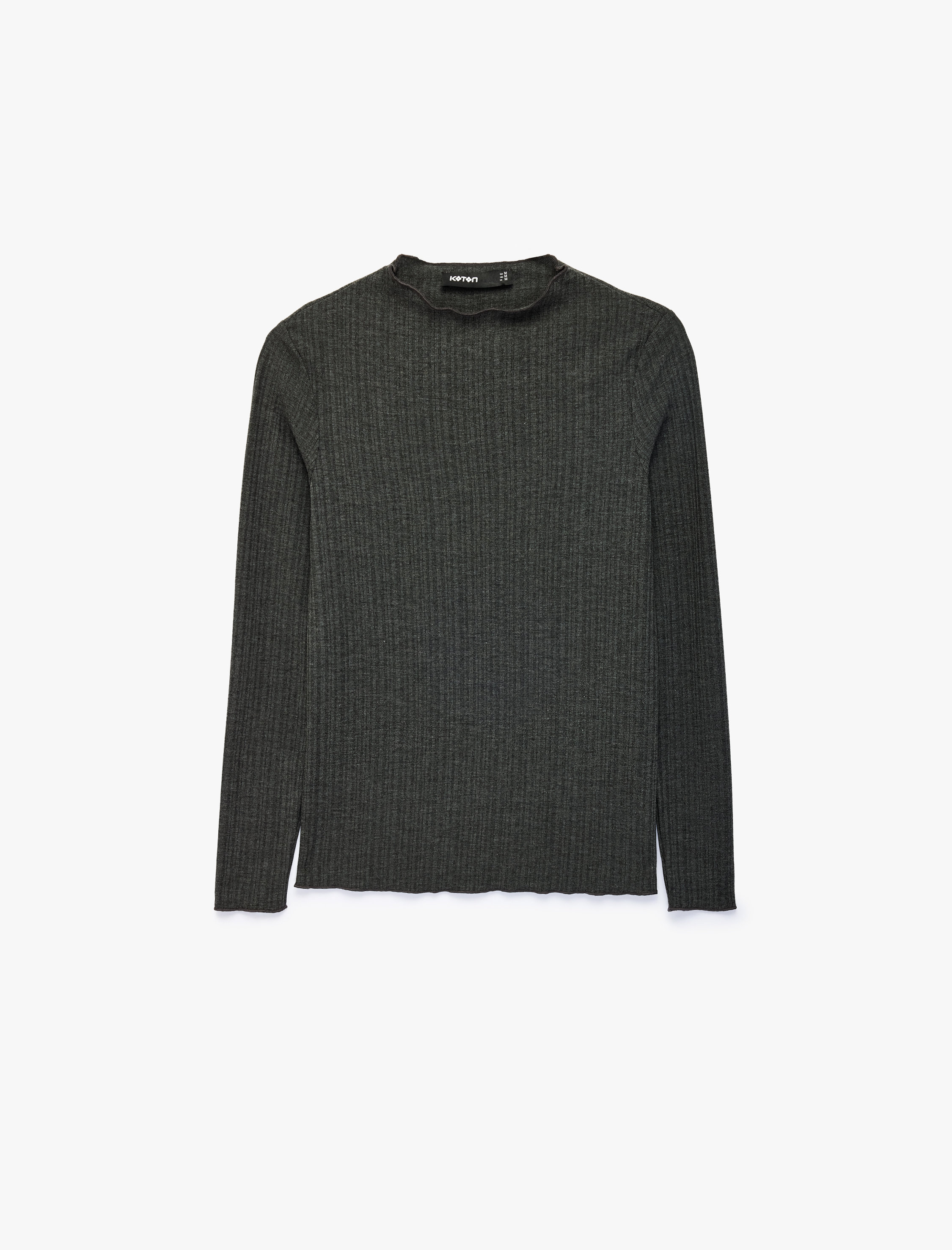   Kaşkorse Viskon Kumaş Slim Fit Uzun Kollu Fırfırlı Bisiklet Yaka Tişört