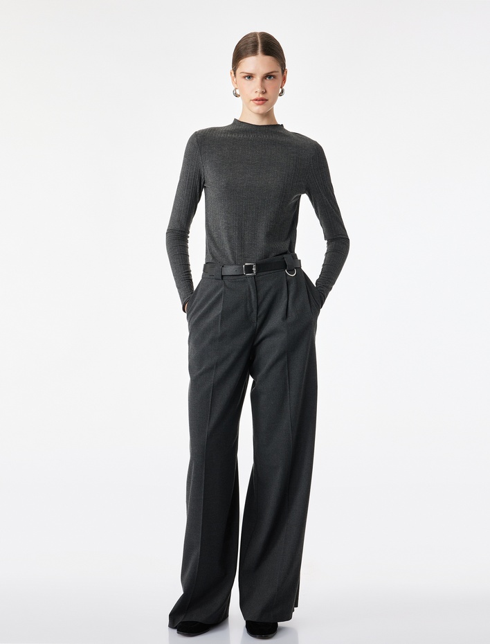  Kaşkorse Viskon Kumaş Slim Fit Uzun Kollu Fırfırlı Bisiklet Yaka Tişört