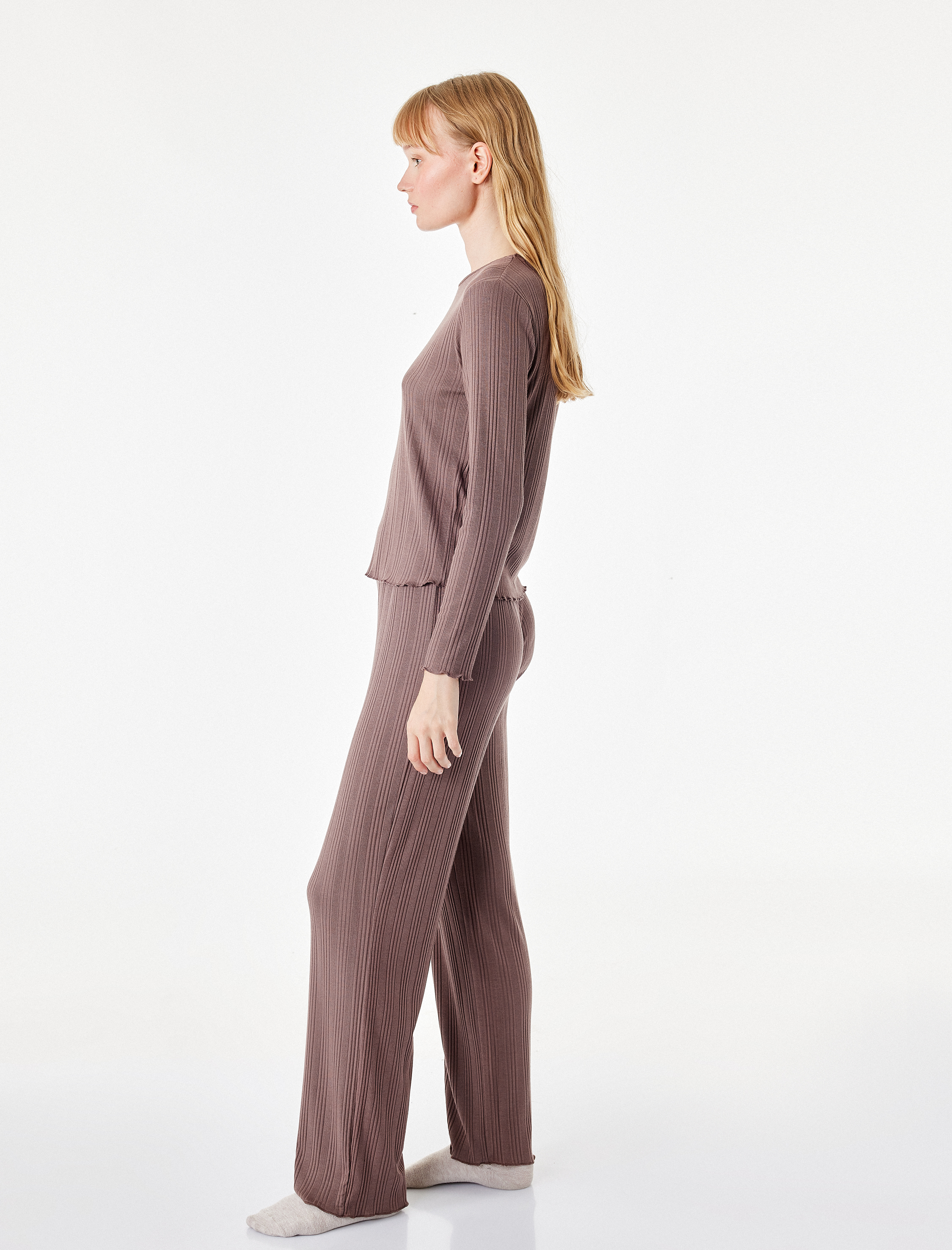   Modal Kumaş Uzun Kollu Bisiklet Yaka Pijama Üstü
