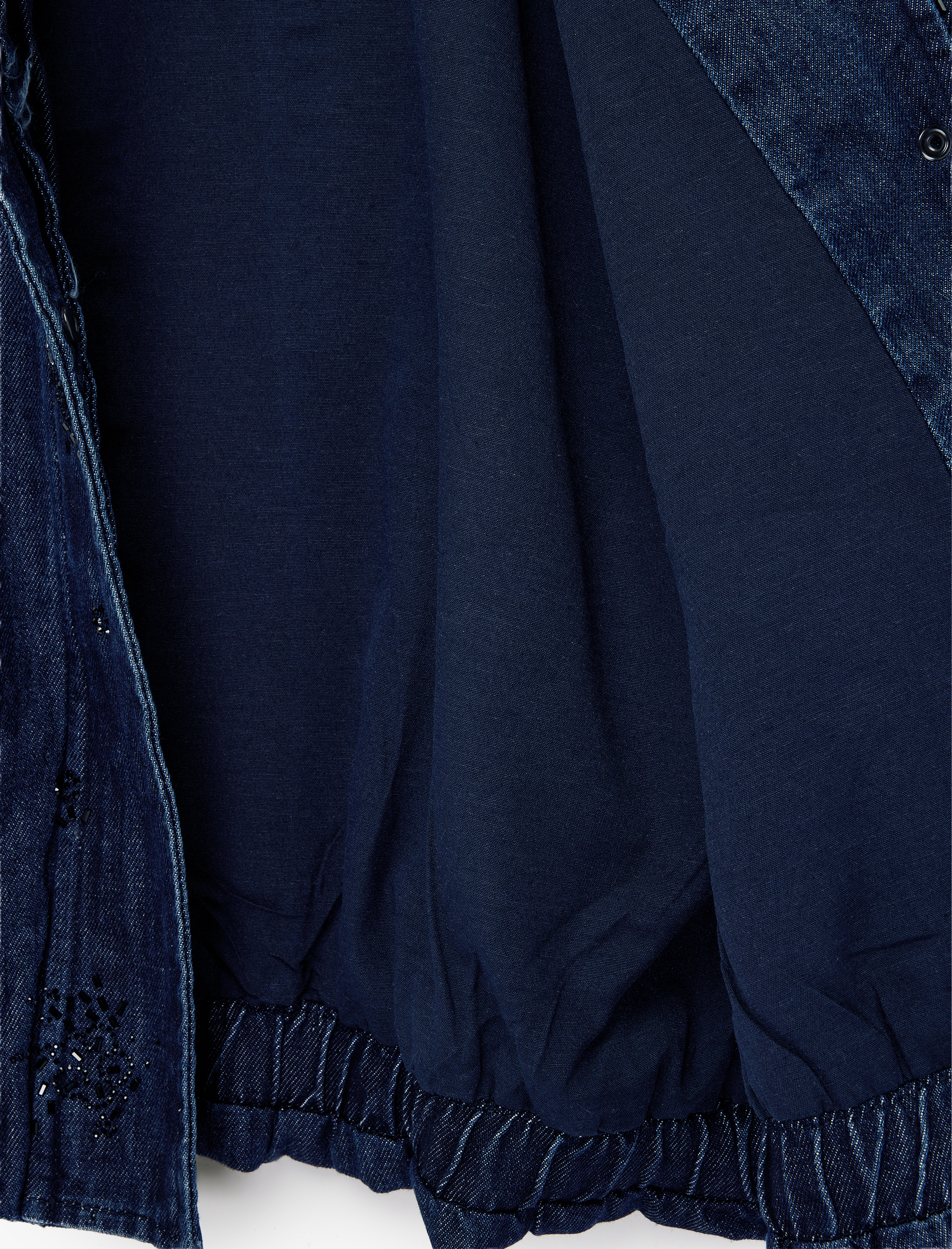   Pamuklu Dik Yaka Cepli Uzun Kollu Taş Detaylı Denim Ceket