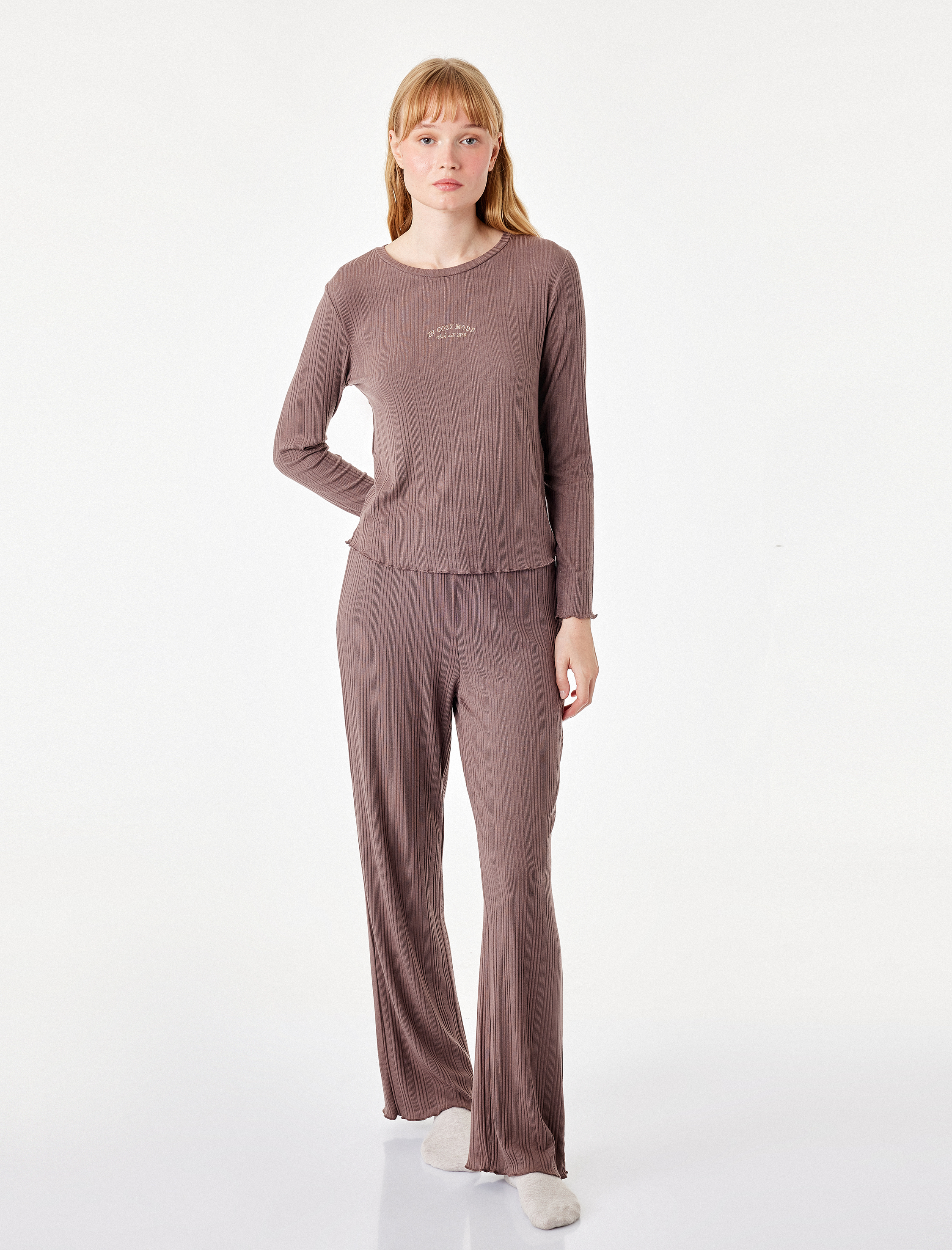   Modal Kumaş Uzun Kollu Bisiklet Yaka Pijama Üstü