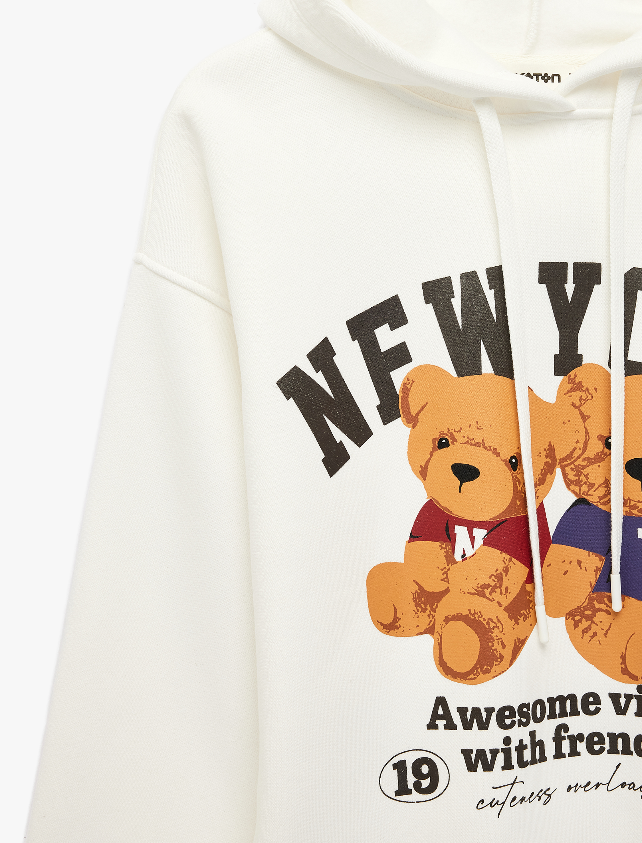   Üç İplik Şardonlu Cep Detaylı Ayıcık Baskılı Kapüşonlu Sweatshirt