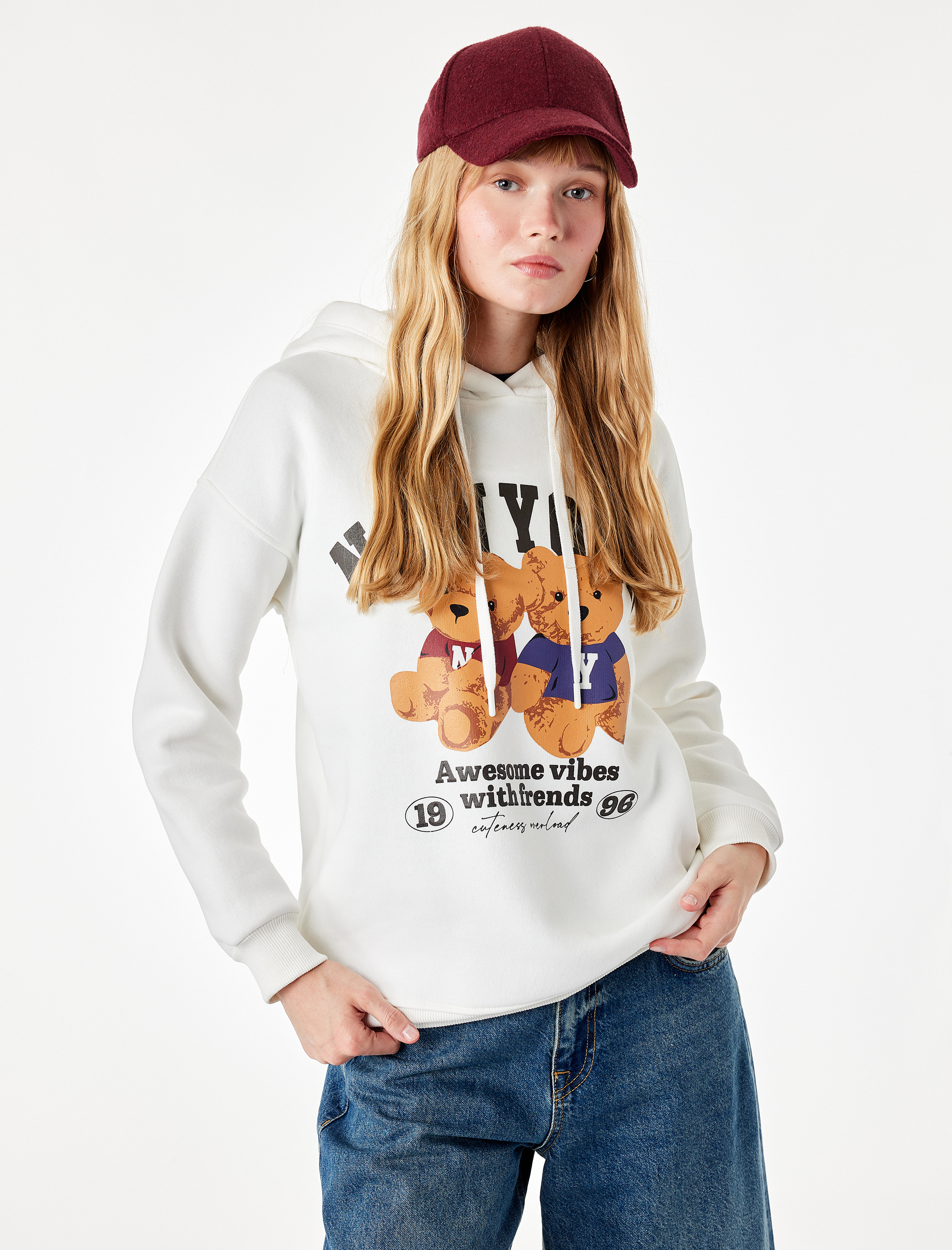   Üç İplik Şardonlu Cep Detaylı Ayıcık Baskılı Kapüşonlu Sweatshirt