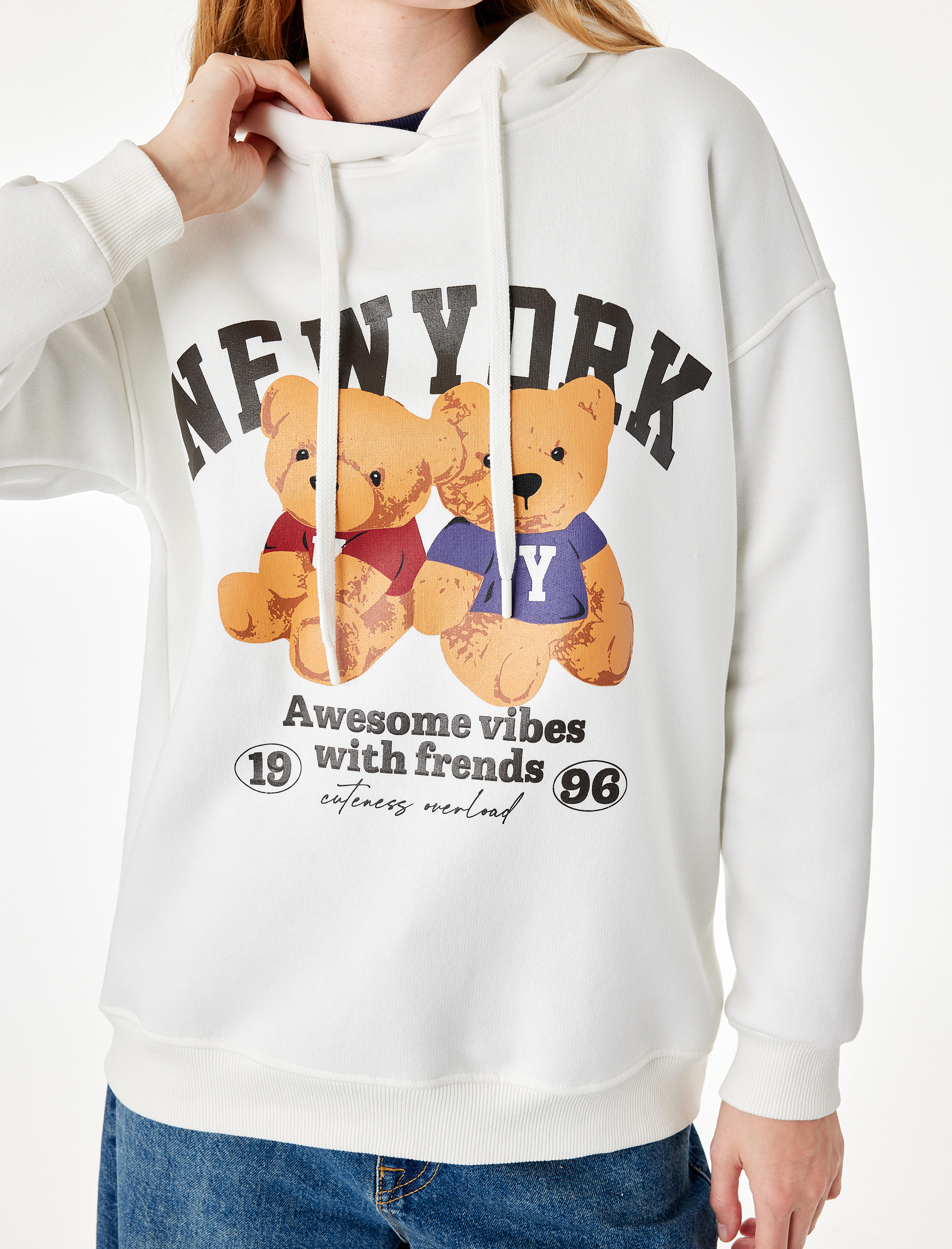   Üç İplik Şardonlu Cep Detaylı Ayıcık Baskılı Kapüşonlu Sweatshirt