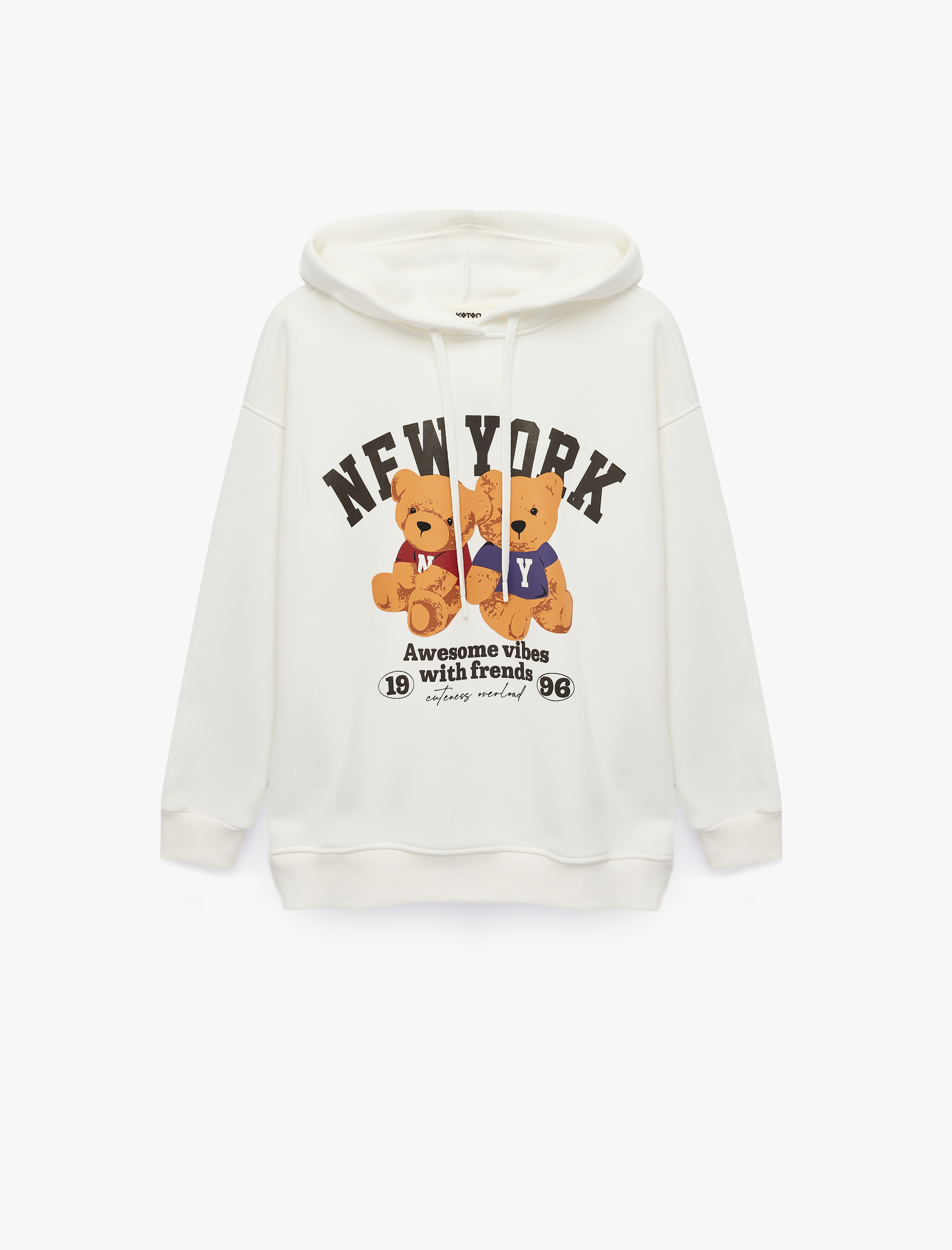   Üç İplik Şardonlu Cep Detaylı Ayıcık Baskılı Kapüşonlu Sweatshirt