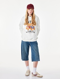 Üç İplik Şardonlu Cep Detaylı Ayıcık Baskılı Kapüşonlu Sweatshirt