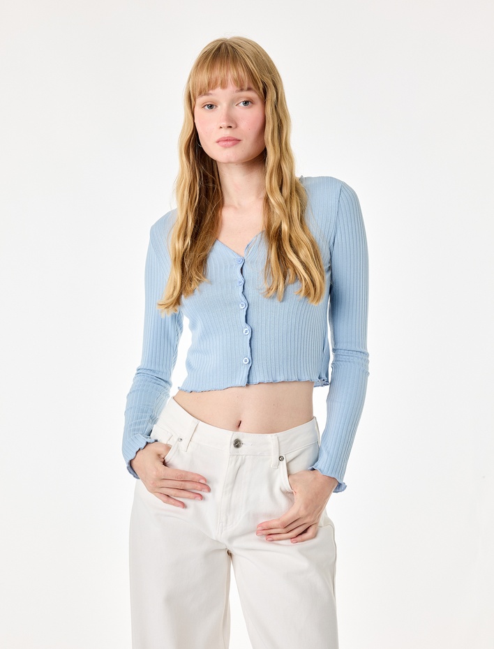  Slim Fit V Yaka Uzun Kollu Düğmeli Kaşkorse Tişört